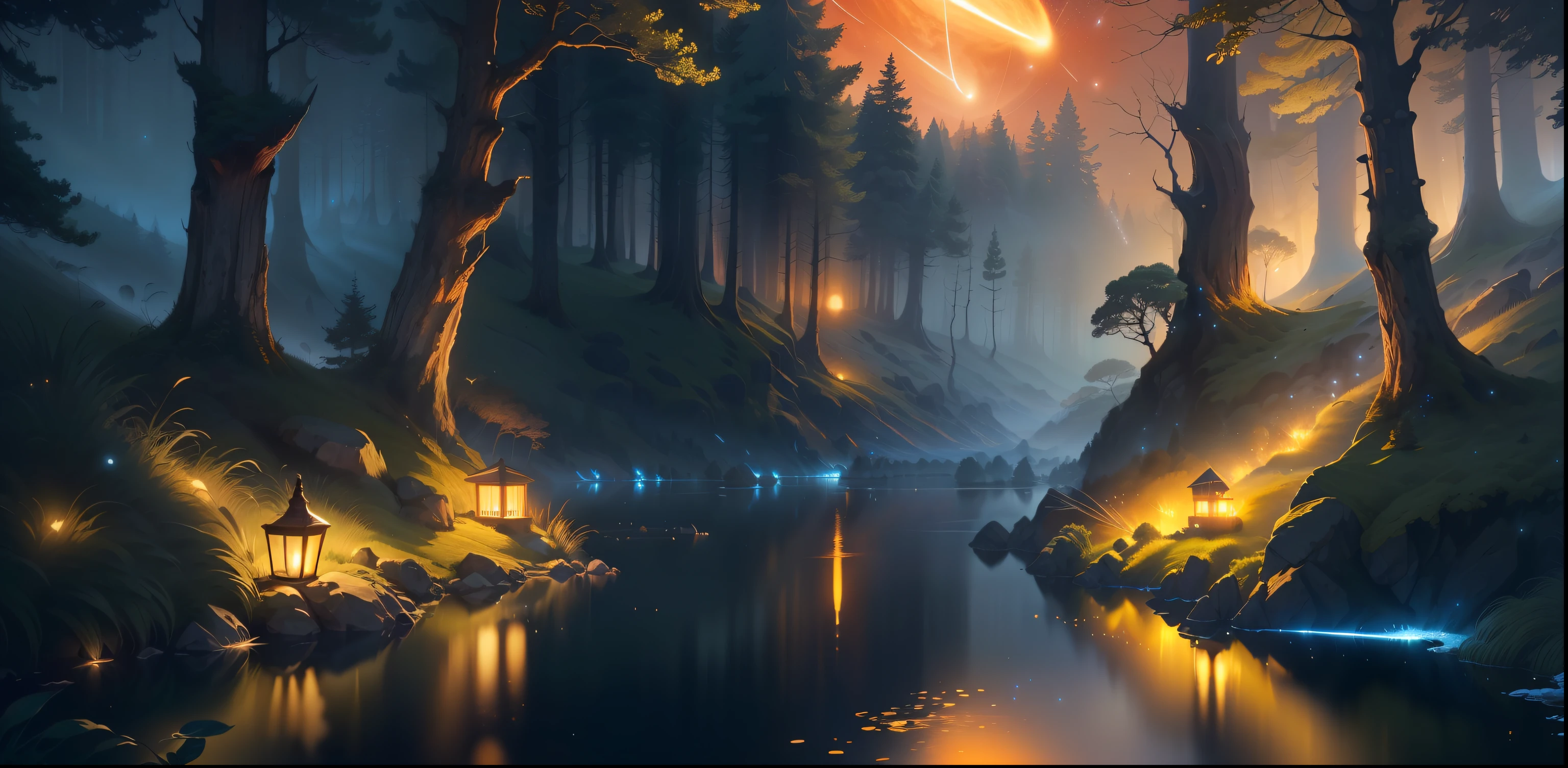 peaceful night,meteors,starrysky,lakes,Forest,8k,k hd