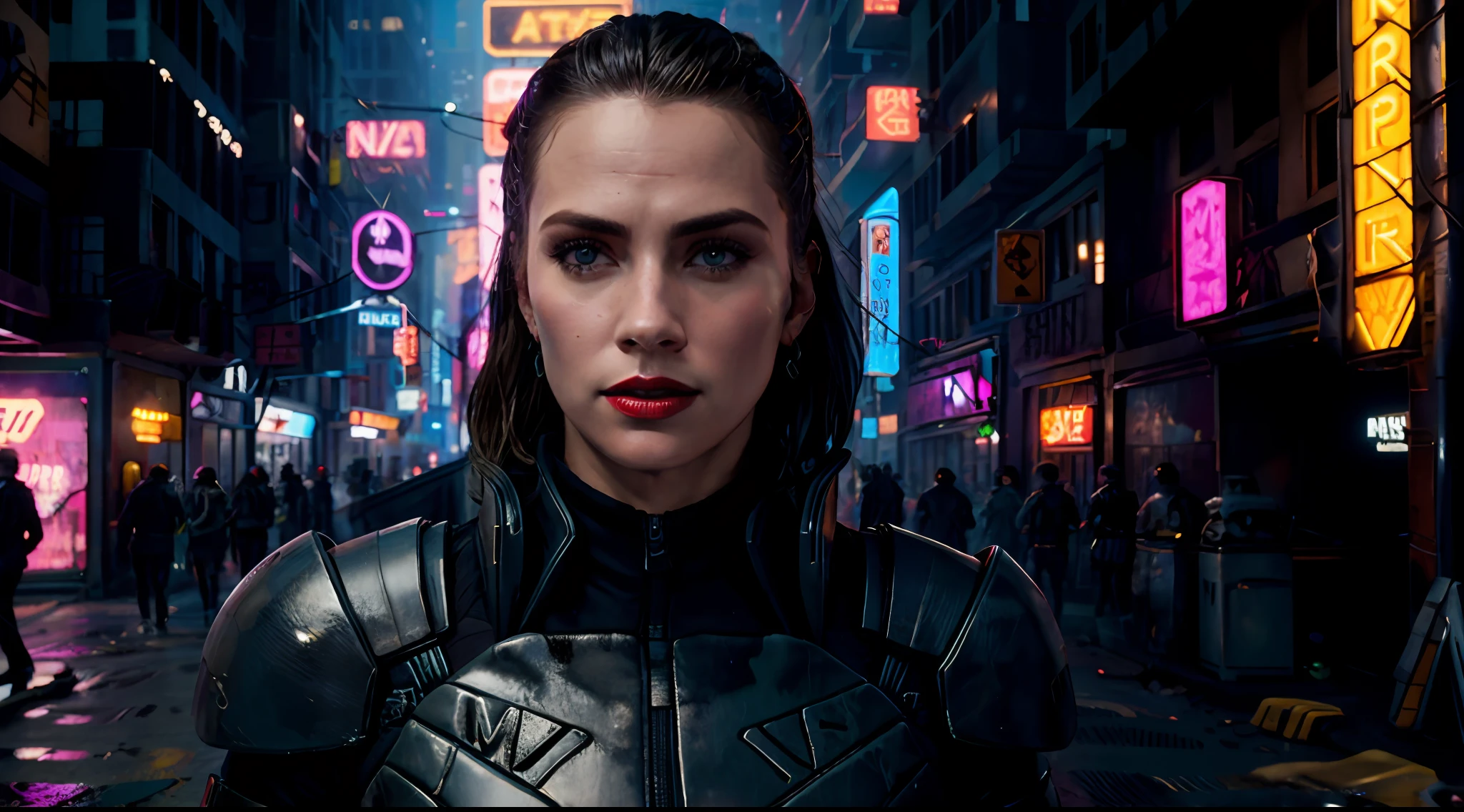 Close-up, uma supermodelo muito bonita, blonde, com quadris muito largos e cintura estreita, full lips, cintura pequena e quadris grandes, Red lipstick, com roupas cyberpunk em uma cidade cyberpunk movimentada com placas de neon, blade runner aesthetics, neon lights, foco nítido, Studio photo, detalhes intrincados, altamente detalhado, profundidade de campo, foco nítido, High detail, textura de pele realista, Realistic, fotorrealista, arte digital, pintura fosca, Directed by: Greg Rutkowski