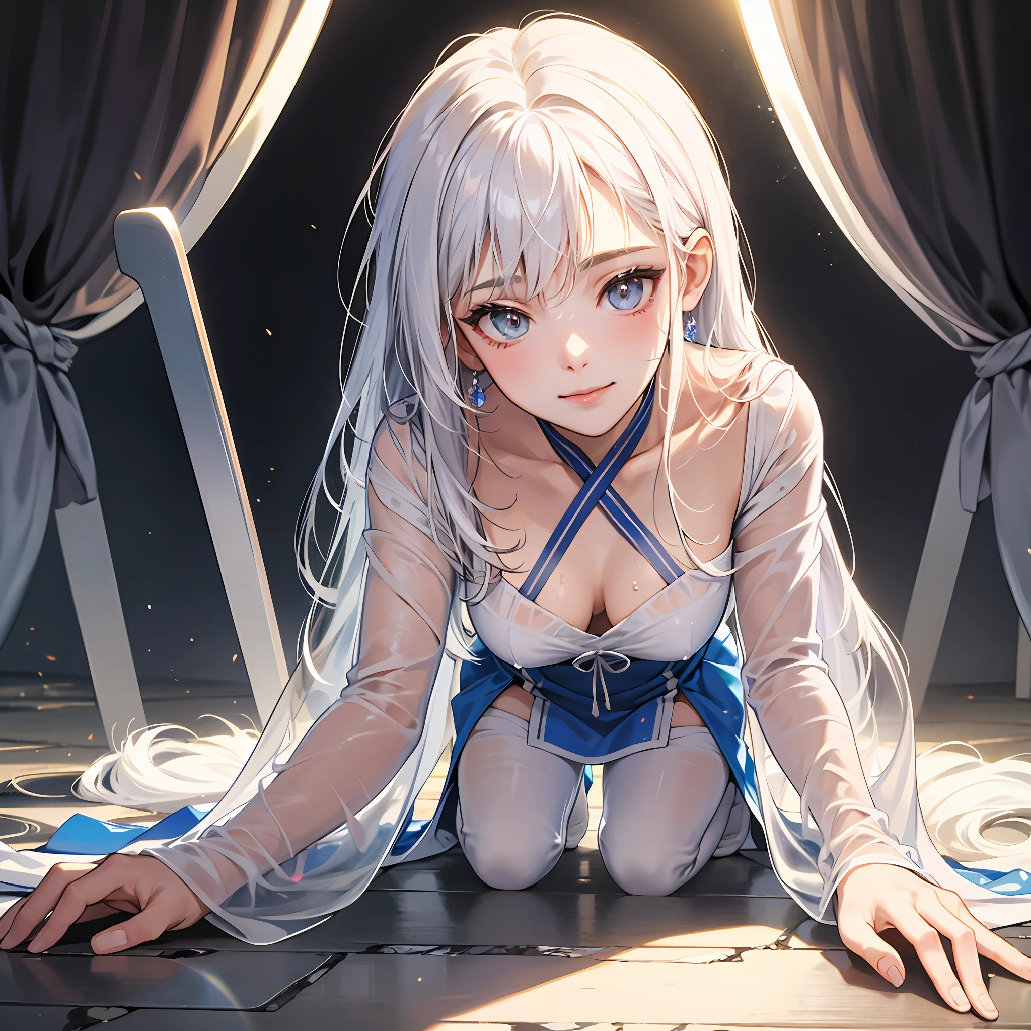 Close-up of a girl with white hair,on the floor on all fours,A slight smil,Get wet,see-through transparent clothes,perspired,tmasterpiece。 --auto
