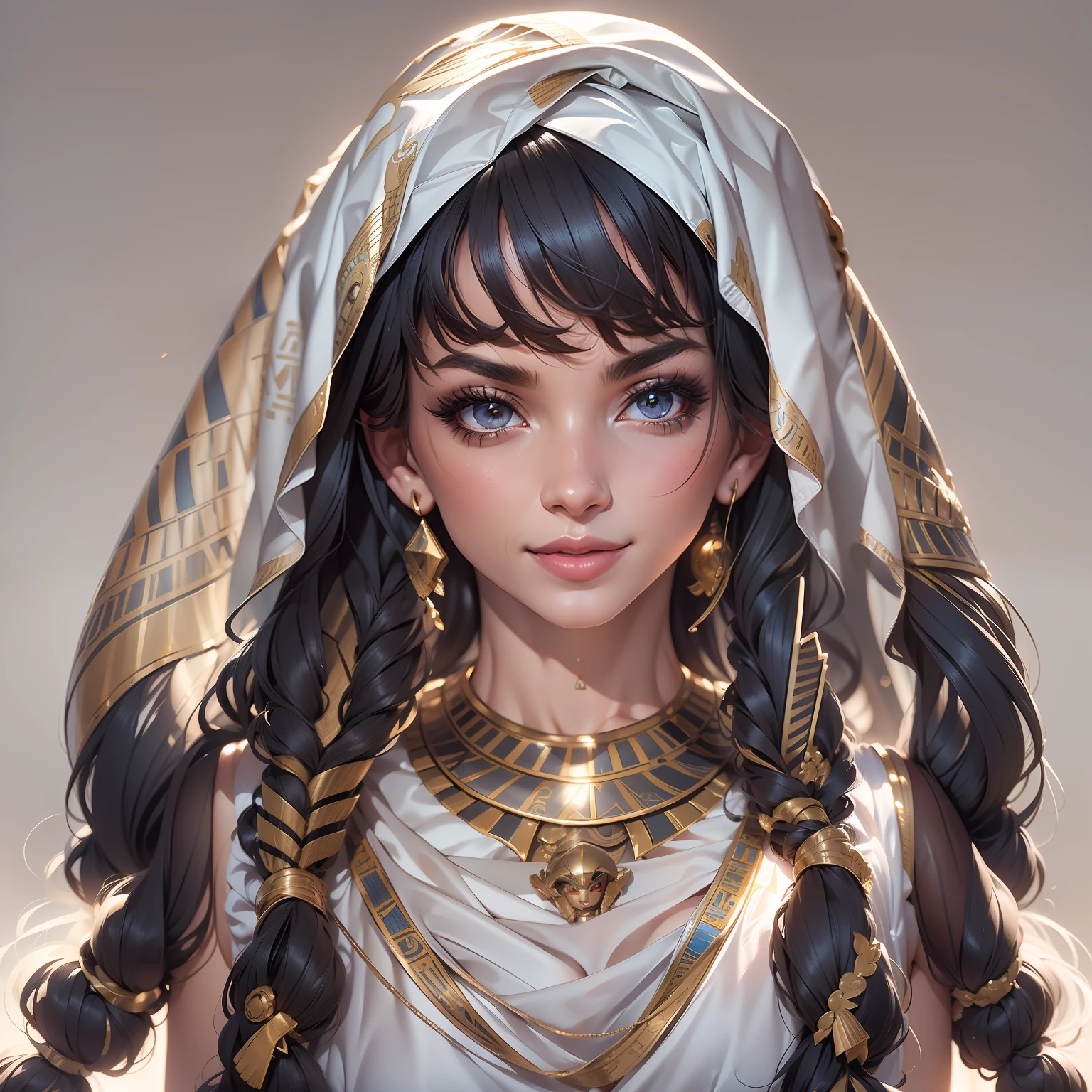 (((Egyptian))), white headscarf, wax,1girl, solo, breasts, looking at the viewer, smile, large breasts, black background, jewelry, braid, black hair, straight hair, earrings, twin braids, striated hair, clothing cutout, makeup, lipstick, mole under the mouth, shadow (realistic: 1.2), (realism), (masterpiece: 1.2), (best quality), (ultra detailed), (8k, 4k, intricate), (full-body-shot: 1), (85mm), light particles, lighting, (highly detailed: 1.2), (detailed face: 1.2), (gradients), sfw, colorful,(detailed eyes:1.2)(detailed background),detailed landscape, (dynamic angle:1.2), (dynamic pose:1.2), (rule of third_composition:1.3), (line of action:1.2)