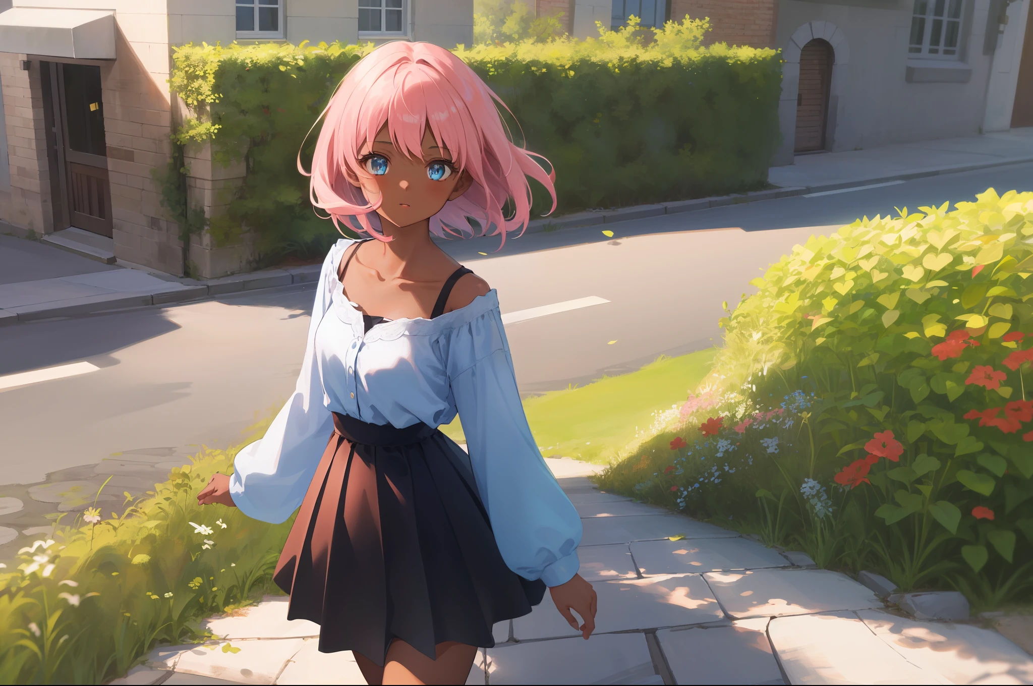 1girl, collarbone, masterpiece, best quality, extremely detailed 8K wallpaper, dark skin tone, ultra detailed, volumetric lighting, best anatomy, detailed blue eyes, beautiful eyes, best shadow, ultra detailed, sunny day, city, green hills , wind, pink leaves flying, road, 1990s_(style), short straight hair