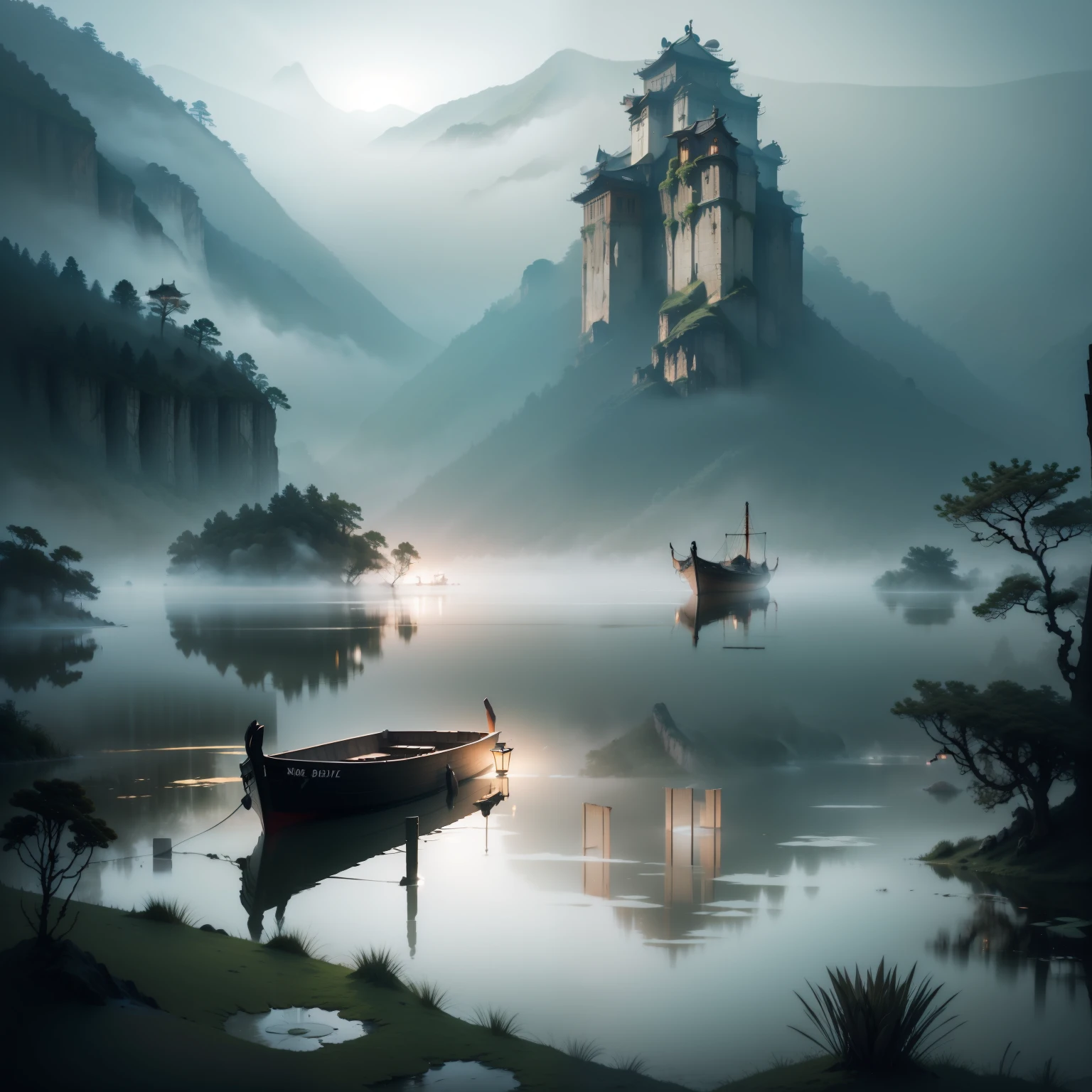 there is a boat that is floating in the water on a foggy day, foggy water, fog on the water, dark foggy water, in a foggy lake, water fog, overcast lake, murky water, misty and eerie, in a foggy pond, eerie mist, unnerving mist, water mists, treading above calm water, in the middle of a lake