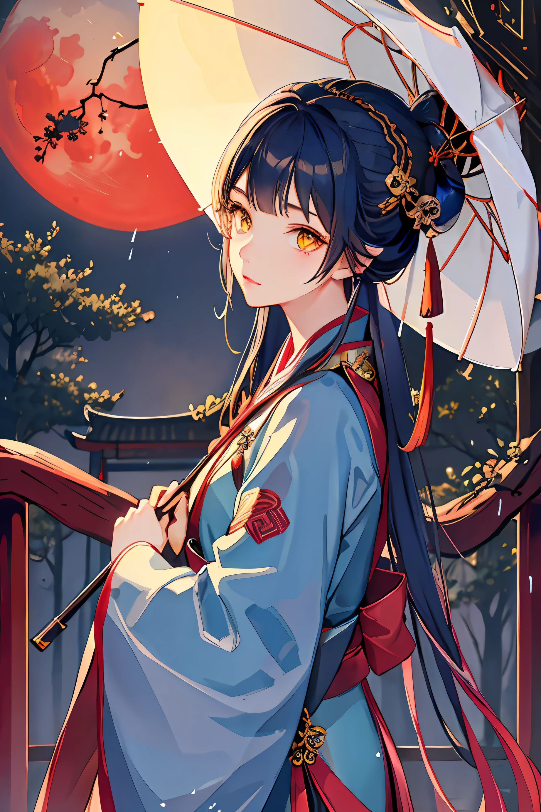 tmasterpiece,profesional lighting,photon maping,Radio City,physically-based renderingt,1girll,full bodyesbian,absurderes,A high resolution,skylines,Beautiful detailed sky,Covered with,(Hanfu,Tang style),Yellow eyes,rainy days,holding a umbrella,Evil Ghost Mask,Red Moon,forest backgrou