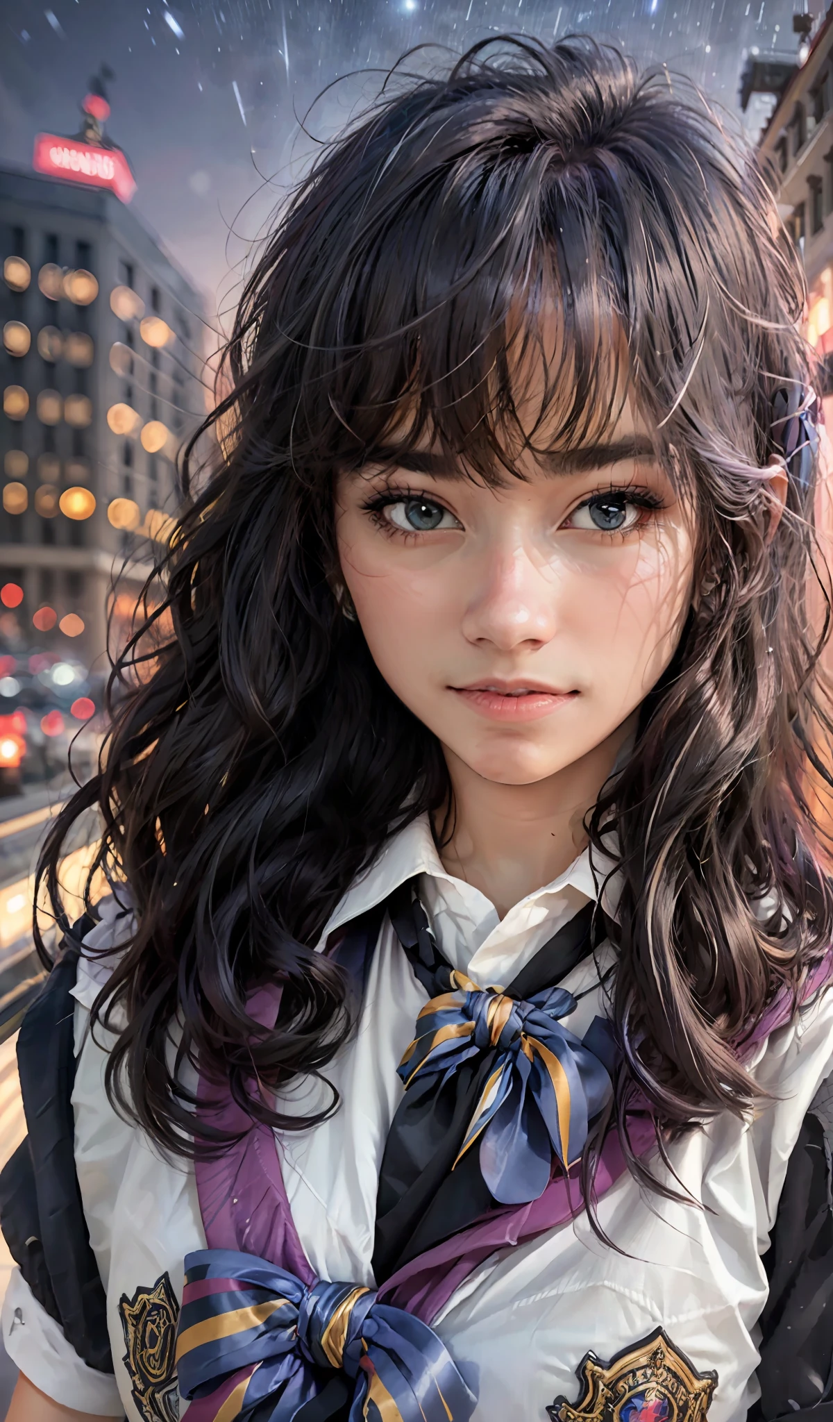 (extremely detailed CG portrait,masterpiece, best quality),(vibrant hair-colorful hair:1.2),(pretty school uniform),(beautiful black eyes),(night view),(city lights),(dark background)