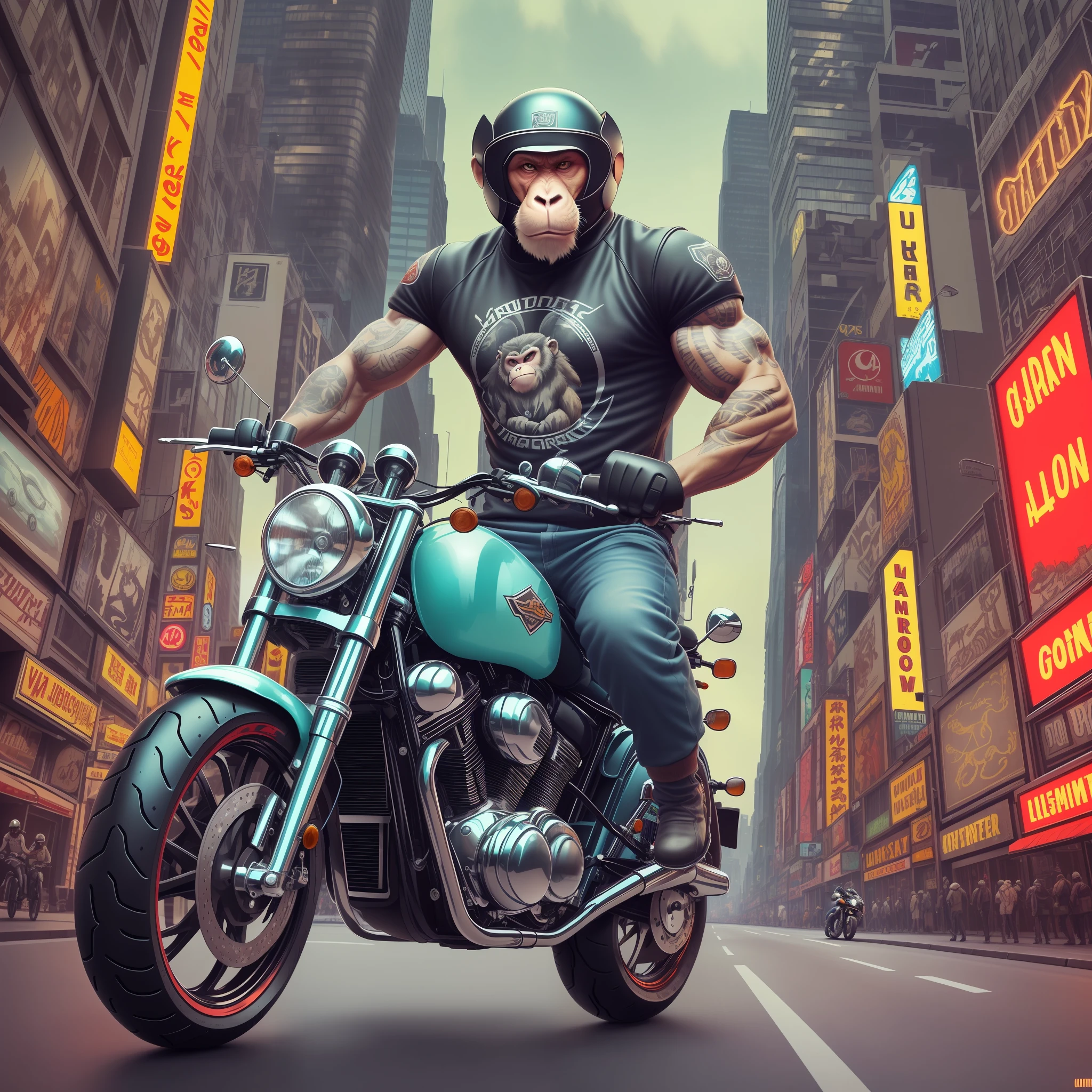 ((Best Quality)),((ultradetailed)), ((Masterpiece)), illustartion, Scene structure: Monkey, personified by an animal, as a gangster, with a monkey face and a human body. He has a muscular physique and tattoos on his body. He rides a motorcycle around the city, with tall buildings behind it and flashing neon lights. Operational composition: Gangster Monkey, Animal-personification, riding on a motorcycle, tattooed body, muscular physique, urban landscape, high rise buildings, неоновая подсветкаSubstance 3D, Octane rendering,(HDR:1.3)