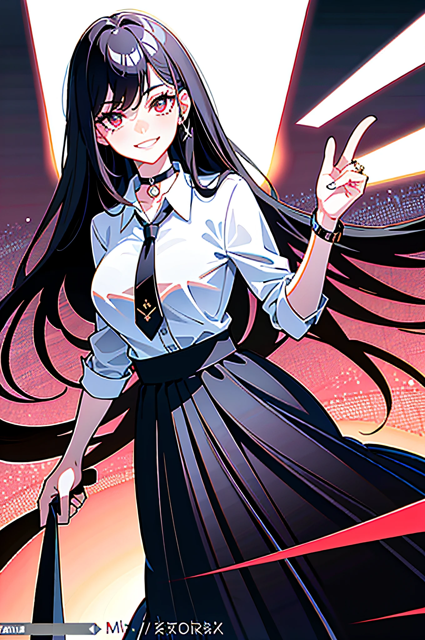 masterpiece, best quality, full body, 1girl, bangs, black choker, black necktie, black hair, blue skirt, blush, bracelet, breasts, choker, clothes around waist, collarbone, collared shirt, cowboy shot, dress shirt, ear piercing, eyebrows visible through hair, gradient hair, grin, gyaru, jewelry, kogal, long hair, looking at viewer, loose necktie, necktie, piercing, plaid, plaid skirt, pleated skirt, red eyes, ring, school uniform, shirt, skirt, smile, solo, white shirt, street, sky, cherry blossoms, petals,illustration, (magazine:1.3), (cover-style:1.3), fashionable, woman, vibrant, outfit, posing, front, colorful, dynamic, background, elements, confident, expression, holding, statement, accessory, majestic, coiled, around, touch, scene, text, cover, bold, attention-grabbing, title, stylish, font, catchy, headline, larger, striking, modern, trendy, focus, fashion,