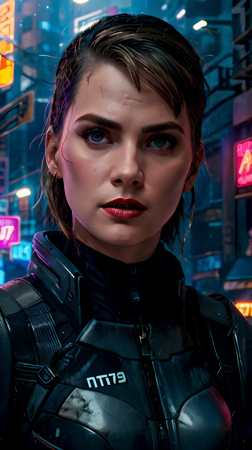 Close-up, uma supermodelo muito bonita, blonde, com quadris muito largos e cintura estreita, full lips, cintura pequena e quadris grandes, Red lipstick, com roupas cyberpunk em uma cidade cyberpunk movimentada com placas de neon, blade runner aesthetics, neon lights, foco nítido, Studio photo, detalhes intrincados, altamente detalhado, profundidade de campo, foco nítido, High detail, textura de pele realista, Realistic, fotorrealista, arte digital, pintura fosca, Directed by: Greg Rutkowski