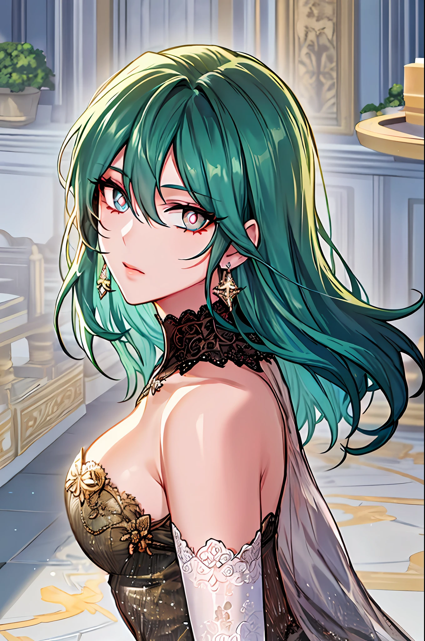 shoujo-style, (girls aligned:1.3), couple, highres, hdr, (best quality, masterpiece), ultra detailed illustration, extremely detailed face, beautiful pupils, (take your pick:1.2), (face focus), shiny skin, cleavage, detailed eyes, earrings, (satin party dress:1.3), (elbow gloves), (standing), goddess, looking at viewer, (various hairstyle and haircolor), in party hall