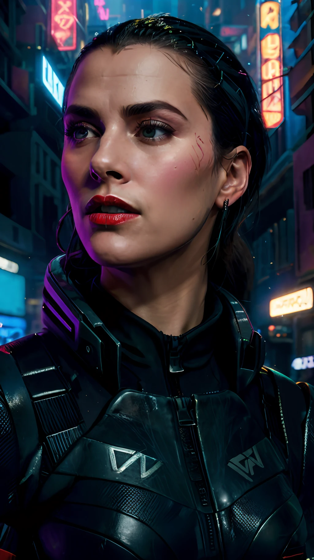 Close-up, uma supermodelo muito bonita, blonde, com quadris muito largos e cintura estreita, full lips, cintura pequena e quadris grandes, Red lipstick, com roupas cyberpunk em uma cidade cyberpunk movimentada com placas de neon, blade runner aesthetics, neon lights, foco nítido, Studio photo, detalhes intrincados, altamente detalhado, profundidade de campo, foco nítido, High detail, textura de pele realista, Realistic, fotorrealista, arte digital, pintura fosca, Directed by: Greg Rutkowski