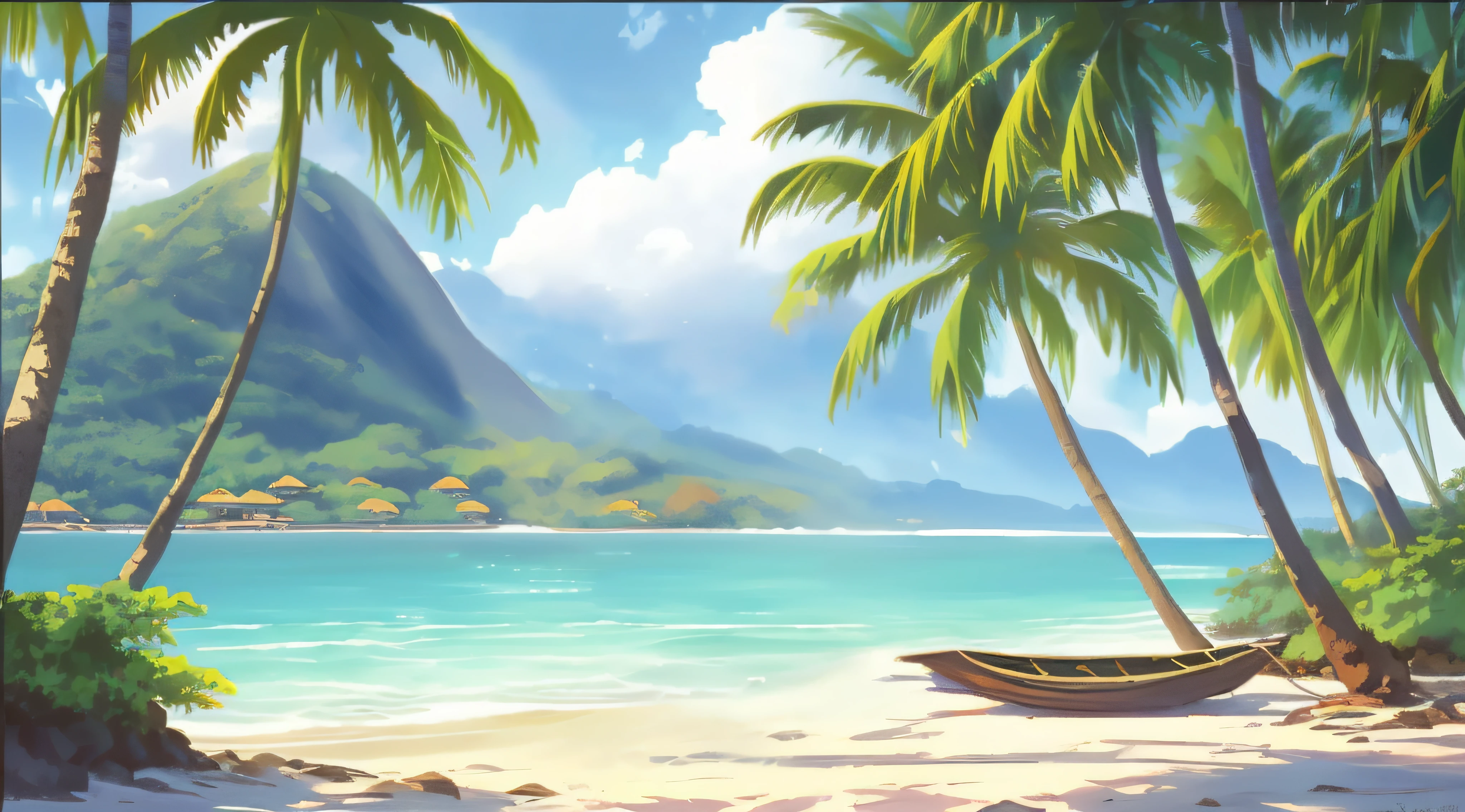 There is a canoe on the beach near the water and palm trees, fundo da ilha, arte conceitual relaxante, arte de fundo do anime, papel de parede bonito, paper awesome wallpaper, Fundo do anime, Fundo da praia, high quality desktop wallpaper, tropical beach paradise, praia tropical, fundo breezy, papel de parede de paisagem anime, fundo bonito, papel de parede do pc, pintado em anime painter studio, 4K HD papel de parede ilustrativo