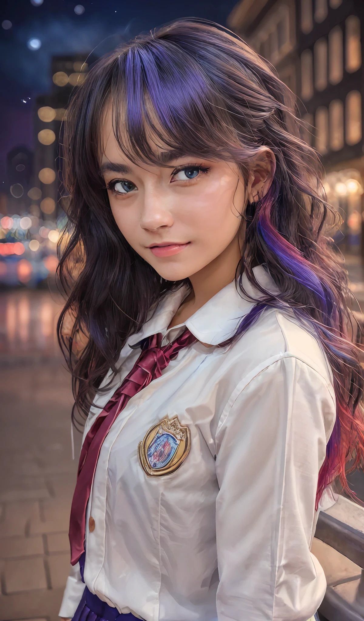 (extremely detailed CG portrait,masterpiece, best quality),(vibrant hair-colorful hair:1.2),(pretty school uniform),(beautiful eyes),(night view),(city lights),(dark background)