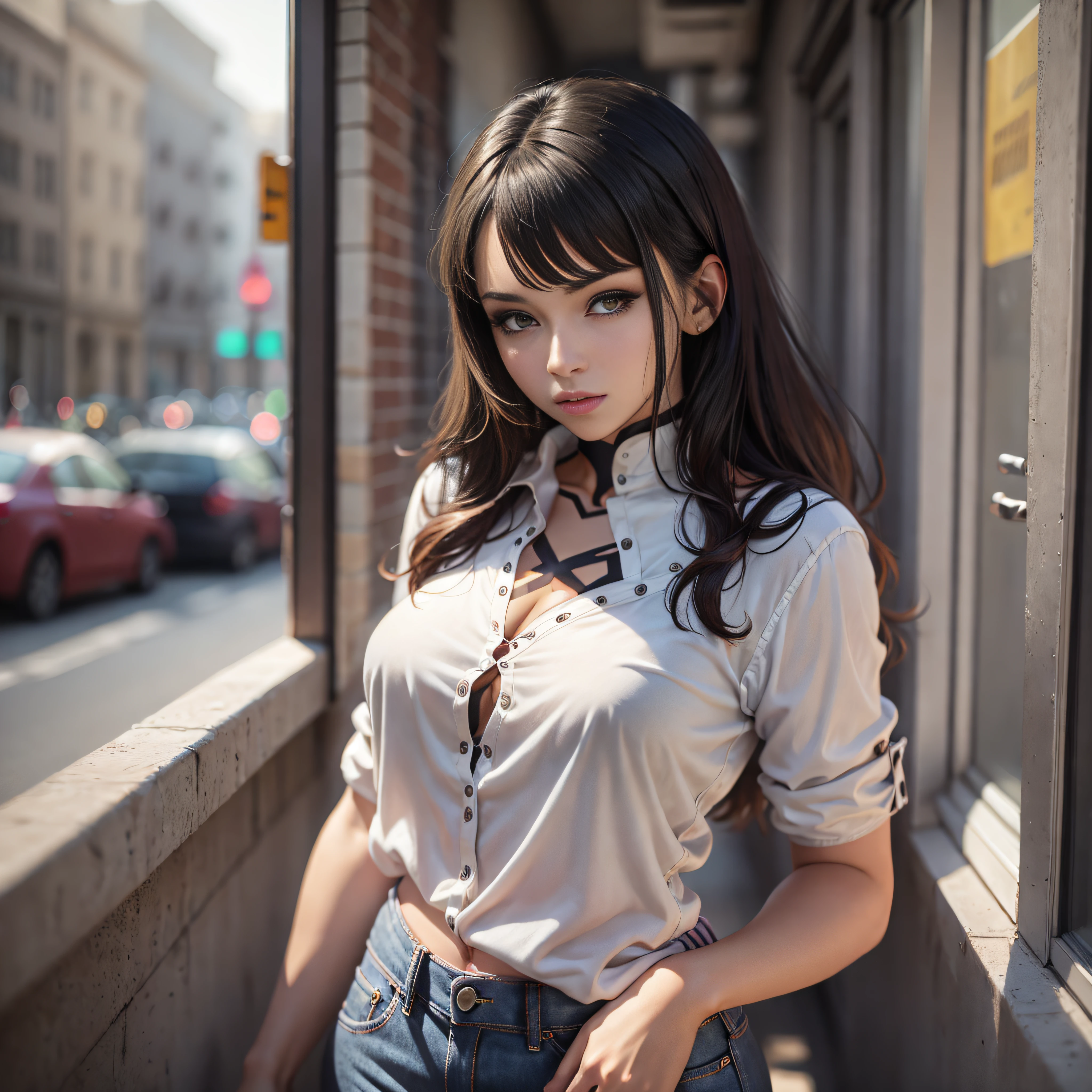 AI art, women, brunette, miniskirt, jeans, blouse, white blouse, HD wallpaper, cell phone wallpaper
