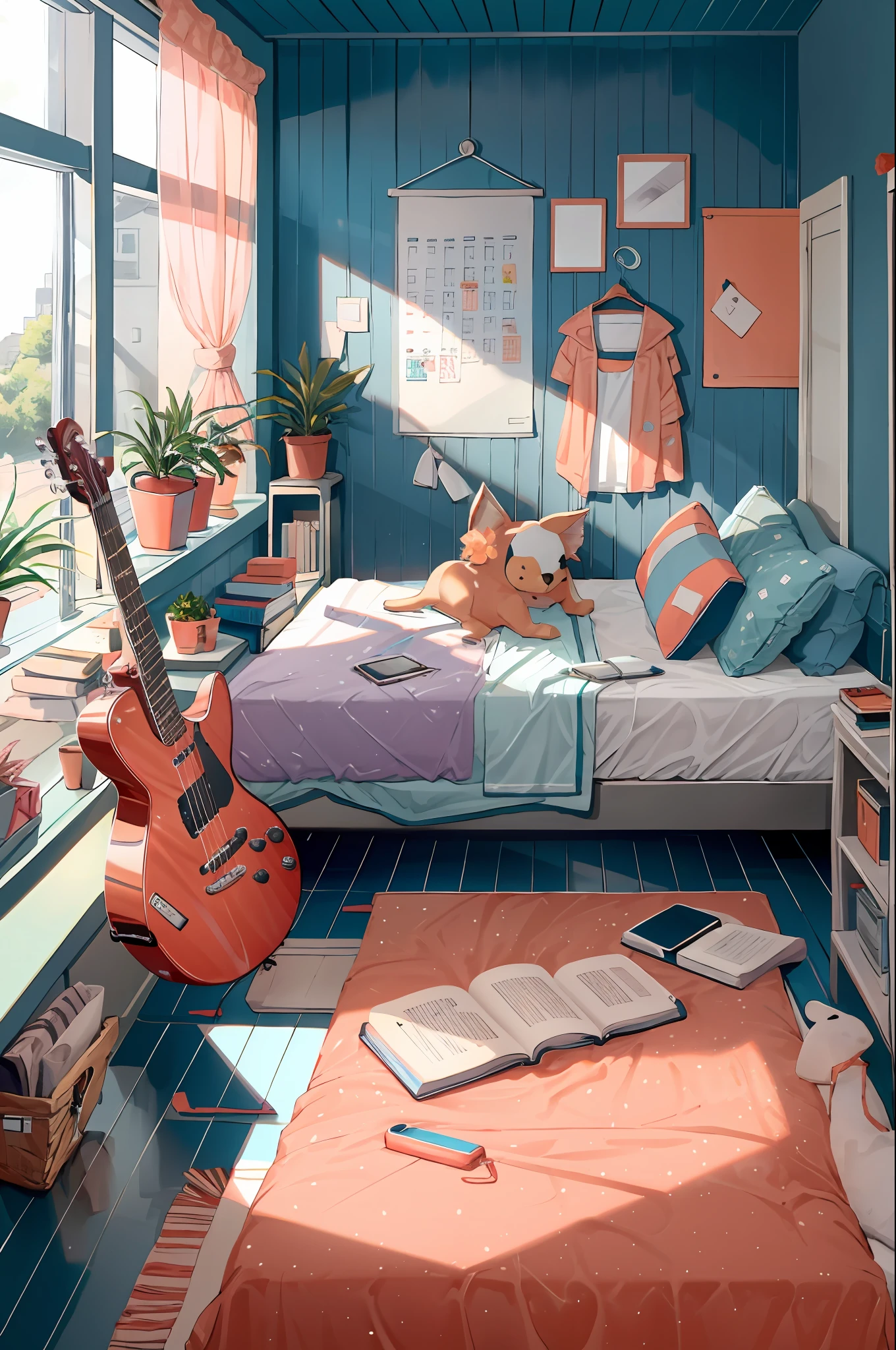 lineart, 
1girl, 独奏, Hair, holding, sitting, Indoors, pouch, a cup, book, Window, bed, chair, phone, stuffed toy, Scarecrow, plant, Curtains, instrument, a table, camisole,  watch, electric guitar, bed room, shelf, calendar (object), coral, mint, lilac,Yellow, View from the window,