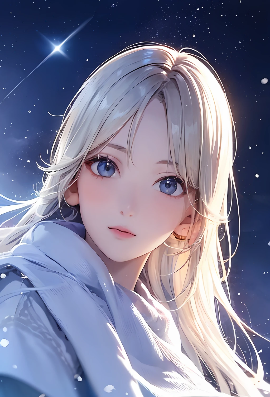 teens girl,Long flowing hair,slanted bangs,snow mountains,Star Orbit,Look up,A half body,tmasterpiece,k hd,