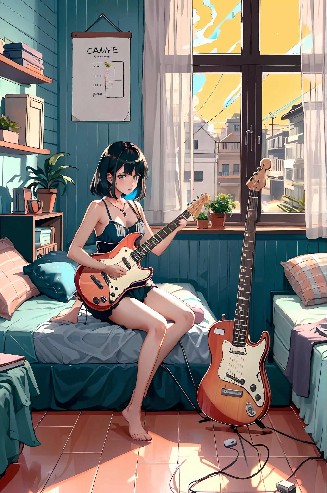 lineart, 
1girl, 独奏, Hair, holding, sitting, Indoors, pouch, a cup, book, Window, bed, chair, phone, stuffed toy, Scarecrow, plant, Curtains, instrument, a table, camisole,  watch, electric guitar, bed room, shelf, calendar (object), coral, mint, lilac,Yellow, View from the window,