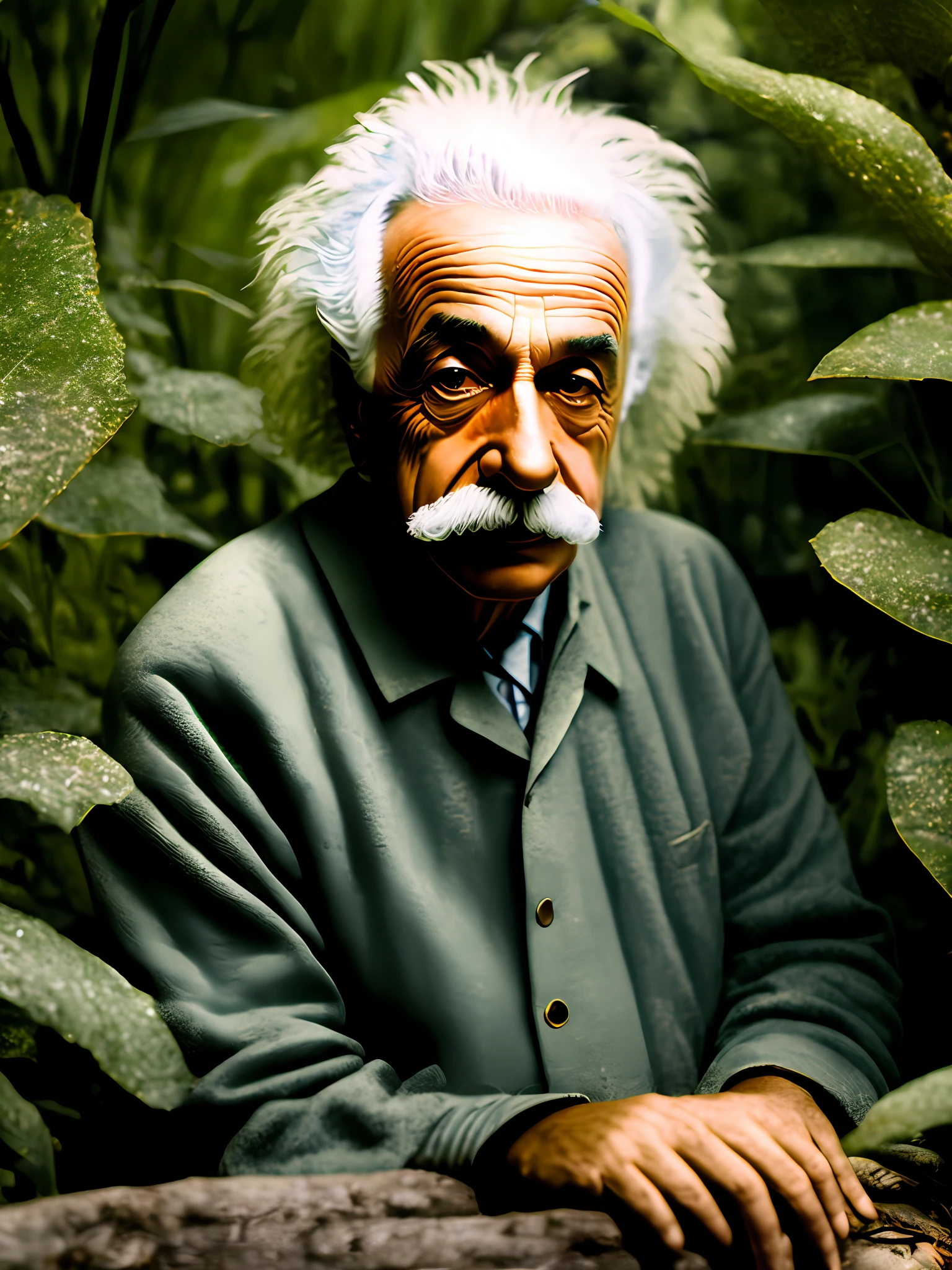 Photo of Einstein in the jungle looking into the camera