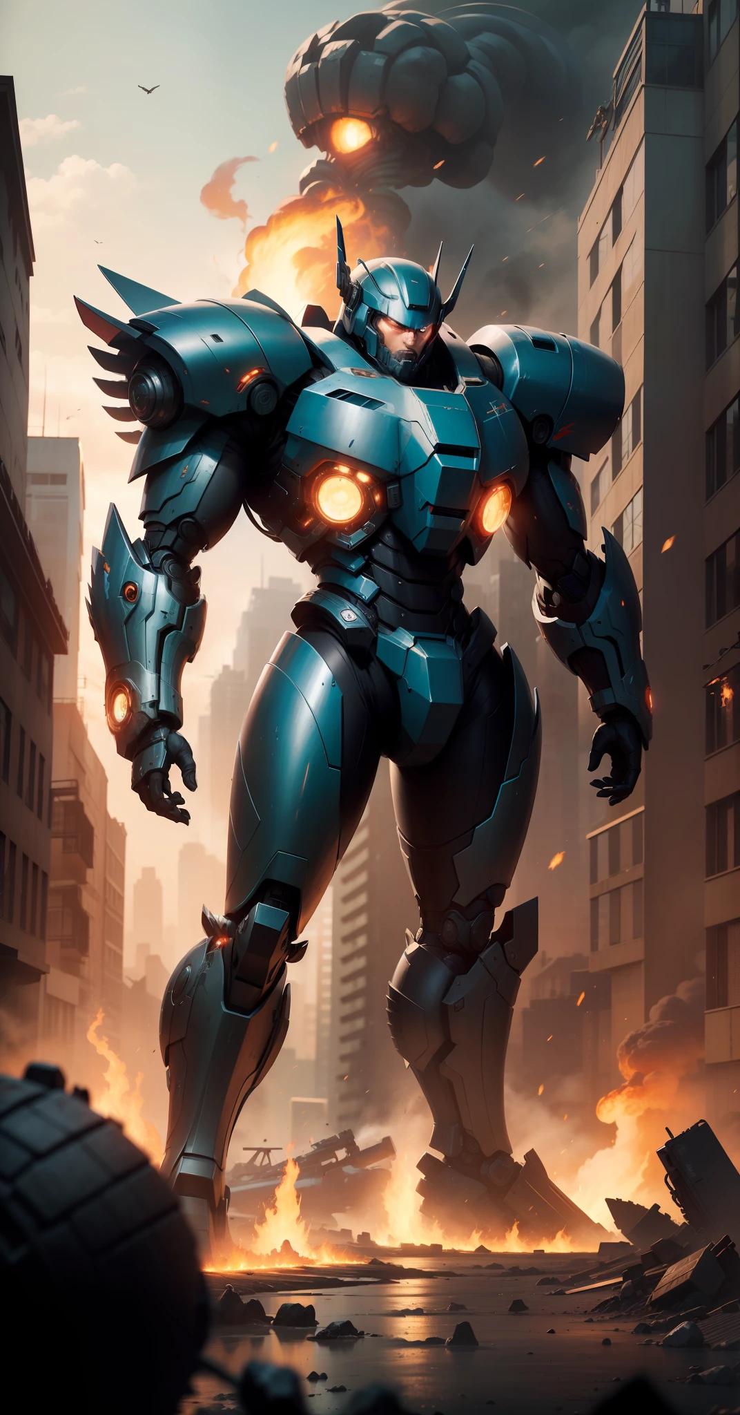 Masterpiece, Best quality, Mecha, No Man, Body shape huge,Black armor, Blue eyes, Science fiction,Pacific Rim,Avenging Wanderer, Fire, laser canon beam, War, conflict, Destroyed city background,