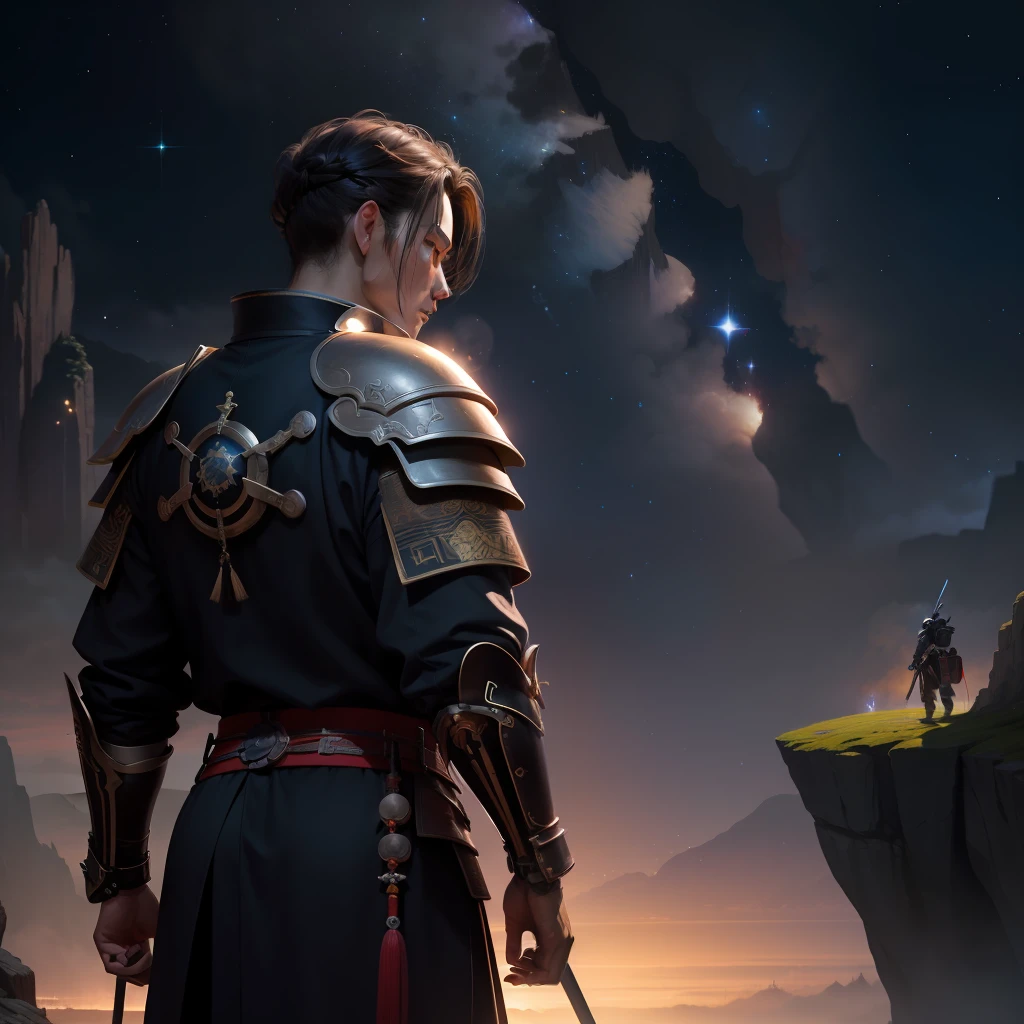 Need,tmasterpiece,starryskybackground,Stars loom in the Tai Chi theme,Steep cliffs under the stars,Samurai in ancient armor and futuristic sci-fi mecha robot