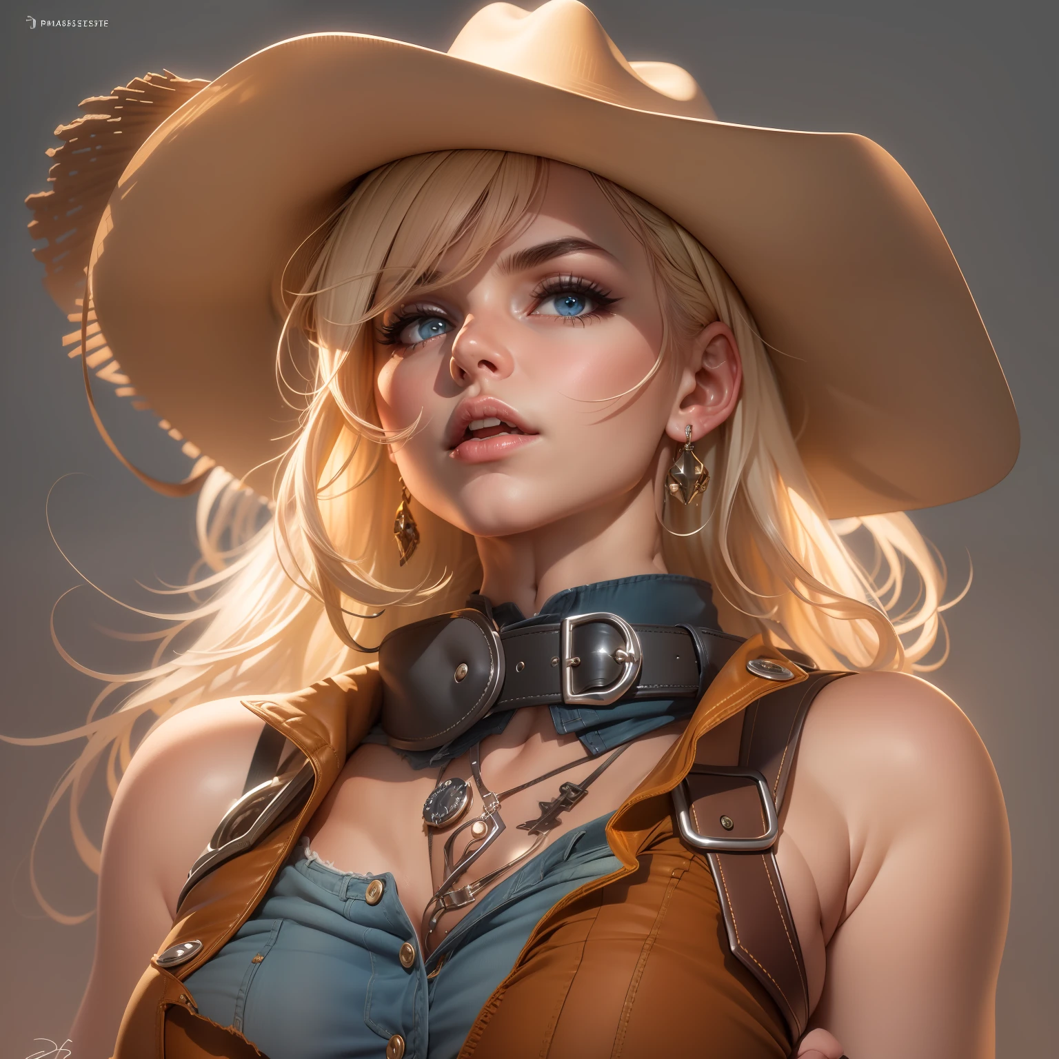 (masterpiece, best quality:1.4), absurdres, highres, ultra detailed, beautiful, 1girl, (cowboy, cowboy western, cowboy hat:1.4), (perfect face, detailed face, beautiful:1.3), (blue eyes, golden hair, bangs, hair intakes, short hair), (natural breasts, cleavage), collarbone, brown vest ,collared shirt, fingerless gloves, gloves, hat, navel, neckerchief, red neckerchief, revolver, short shorts, shorts, thick thighs, thighs, multiple belts, (desert:1.4),