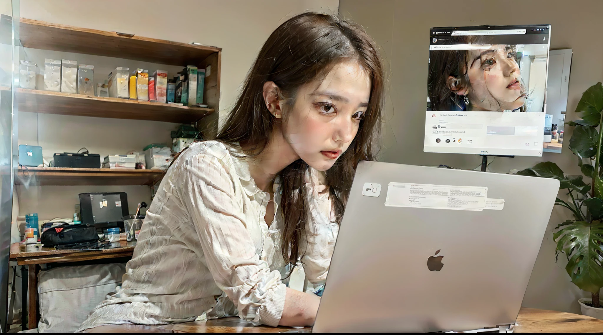 Background:in a room with natural light. There is a table in the middle of the room, on the table there is a laptop. Woman sitting in front of laptop, looking at screen. The woman is a young woman with long, brown hair and beautiful face, good looking. She wears a white shirt and jeans. She was looking at the laptop screen with concentration. On the screen there is a web page with information about a product. A dialog is a small dialog box that appears in the lower right corner of the screen. It shows a list of similar products that the woman may be interested in.