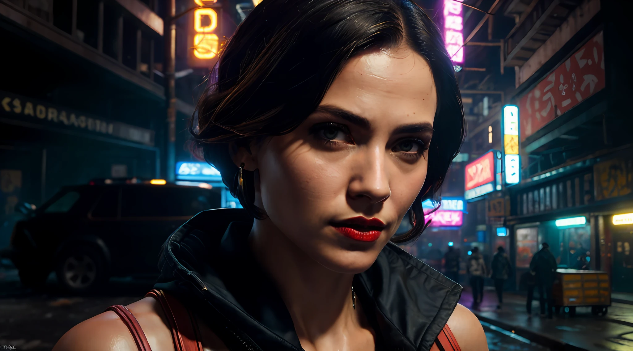 Close-up, uma supermodelo muito bonita, blonde, com quadris muito largos e cintura estreita, full lips, cintura pequena e quadris grandes, Red lipstick, com roupas cyberpunk em uma cidade cyberpunk movimentada com placas de neon, neon lights, foco nítido, Studio photo, detalhes intrincados, altamente detalhado, profundidade de campo, foco nítido, High detail, textura de pele realista, Realistic, fotorrealista, arte digital, pintura fosca, Directed by: Greg Rutkowski