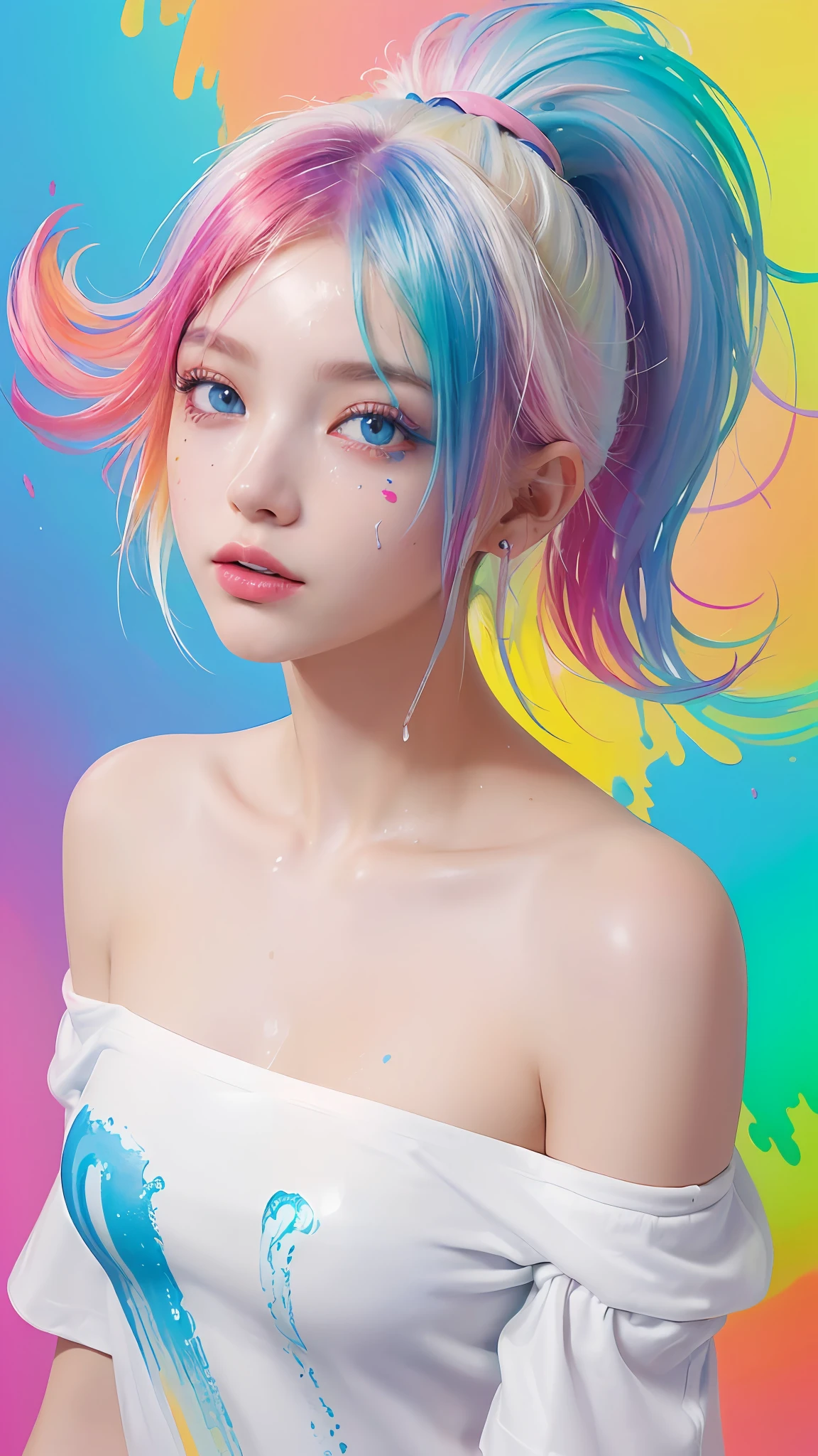 （Pink Fashion T-shirt：1.9），(Colorful hair: 1.8), (all the colours of the rainbow: 1.8),(((((vertical painting：1.6))), （painting：1.6），front, comics, illustrations, paintings, large eyes, crystal clear eyes,（ rainbow color gradient high ponytail：1.7）, exquisite makeup, closed mouth,(Small Fresh: 1.5),(Wipe Chest: 1.6) ，long eyelashes, white off shoulder T-shirt,  White Shoulder Shirt，looking at the audience, large watery eyes, (rainbow colored hair：1.6), color splash, （solo：1.8）, color splash, color explosion, thick paint style, messy lines, ((shining))，(colorful), (colorful), (colorful), colorful, Thick Paint Style, (Splash) (Color Splash), Vertical Painting, Upper Body, Paint Splash, Acrylic Pigment, Gradient, Paint, Highest Image Quality, Highest Quality, Masterpiece, Solo, Depth of Field, Face Paint,  colorful clothes, (Elegant: 1.2), gorgeous,long hair, wind, (Elegant: 1.3), (Petals: 1.4)，(((masterpiece))),(((best quality))),((ultra-detailed)),(illustration),(dynamic angle),((floating)),(paint),((disheveled hair)),(solo),(1girl) , (((detailed anima face))),((beautiful detailed face)),collar,bare shoulders,white hair, ((colorful hair)),((streaked hair)),beautiful detailed eyes,(Gradient color eyes),(((colorful eyes))),(((colorful background))),(((high saturation))),(((surrounded by colorful splashes))),