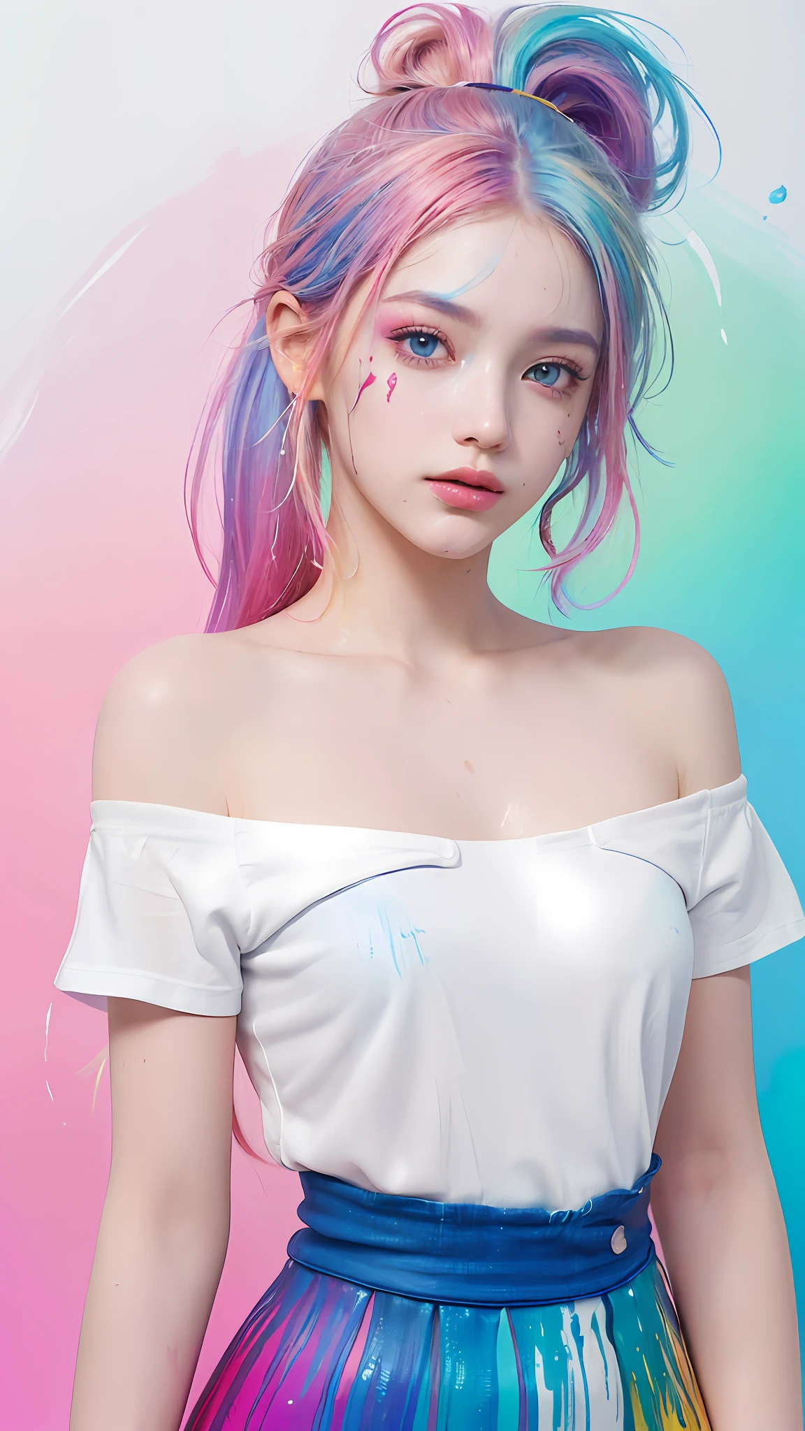 (Pink Fashion T-shirt:1.9),(Colorful hair: 1.8), (all the colours of the rainbow: 1.8),(((((vertical painting:1.6))), (painting:1.6),front, comics, illustrations, paintings, large eyes, crystal clear eyes,( rainbow color gradient high ponytail:1.7), exquisite makeup, closed mouth,(Small Fresh: 1.5),(Wipe Chest: 1.6) ,long eyelashes, white off shoulder T-shirt, White Shoulder Shirt,looking at the audience, large watery eyes, (rainbow colored hair:1.6), color splash, (solo:1.8), color splash, color explosion, thick paint style, messy lines, ((shining)),(colorful), (colorful), (colorful), colorful, Thick Paint Style, (Splash) (Color Splash), Vertical Painting, Upper Body, Paint Splash, Acrylic Pigment, Gradient, Paint, Highest Image Quality, Highest Quality, Masterpiece, Solo, Depth of Field, Face Paint, colorful clothes, (Elegant: 1.2), gorgeous,long hair, wind, (Elegant: 1.3), (Petals: 1.4),(((masterpiece))),(((best quality))),((ultra-detailed)),(illustration),(dynamic angle),((floating)),(paint),((disheveled hair)),(solo),(1girl) , (((detailed anima face))),((beautiful detailed face)),collar,bare shoulders,white hair, ((colorful hair)),((streaked hair)),beautiful detailed eyes,(Gradient color eyes),(((colorful eyes))),(((colorful background))),(((high saturation))),(((surrounded by colorful splashes))),