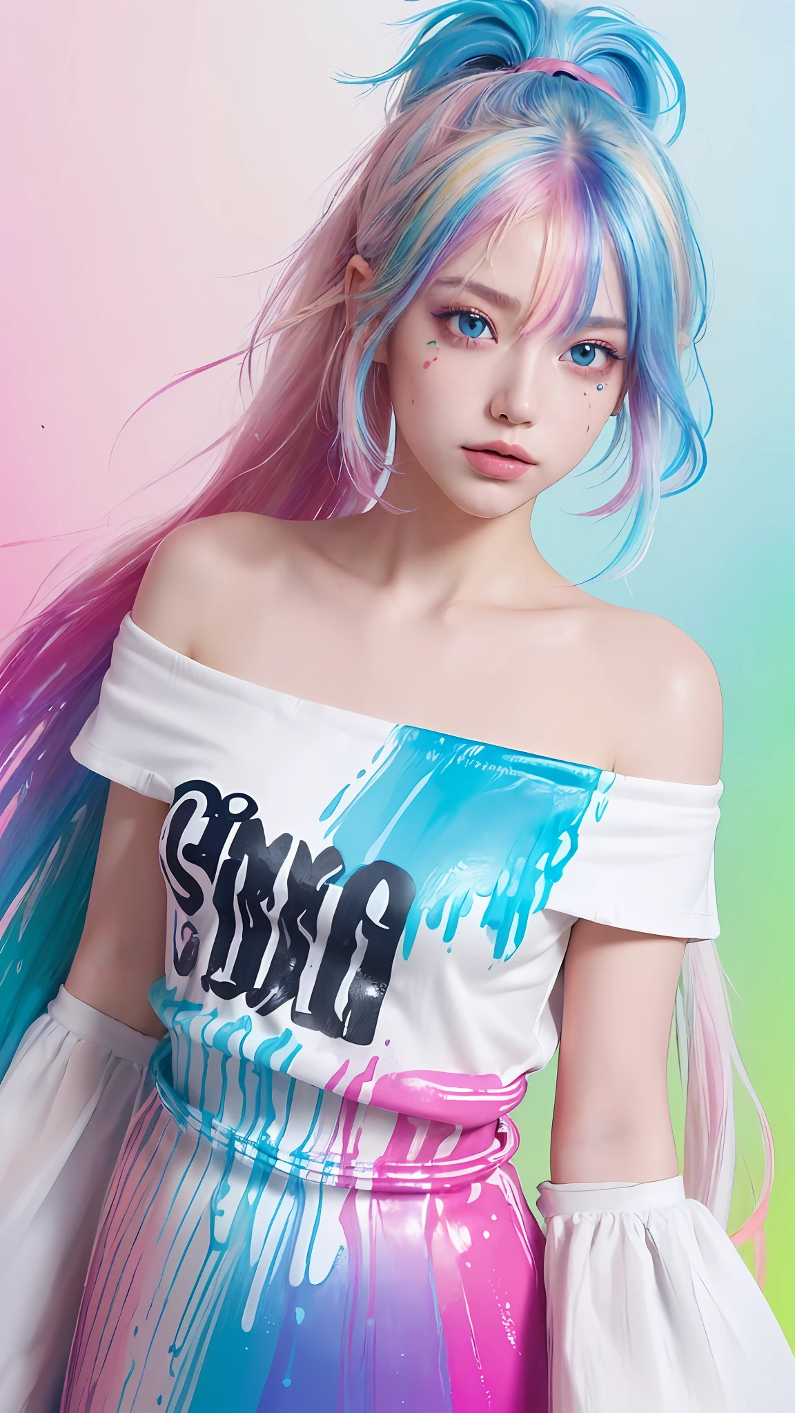 （Pink Fashion T-shirt：1.9），(Colorful hair: 1.8), (all the colours of the rainbow: 1.8),(((((vertical painting：1.6))), （painting：1.6），front, comics, illustrations, paintings, large eyes, crystal clear eyes,（ rainbow color gradient high ponytail：1.7）, exquisite makeup, closed mouth,(Small Fresh: 1.5),(Wipe Chest: 1.6) ，long eyelashes, white off shoulder T-shirt,  White Shoulder Shirt，looking at the audience, large watery eyes, (rainbow colored hair：1.6), color splash, （solo：1.8）, color splash, color explosion, thick paint style, messy lines, ((shining))，(colorful), (colorful), (colorful), colorful, Thick Paint Style, (Splash) (Color Splash), Vertical Painting, Upper Body, Paint Splash, Acrylic Pigment, Gradient, Paint, Highest Image Quality, Highest Quality, Masterpiece, Solo, Depth of Field, Face Paint,  colorful clothes, (Elegant: 1.2), gorgeous,long hair, wind, (Elegant: 1.3), (Petals: 1.4)，(((masterpiece))),(((best quality))),((ultra-detailed)),(illustration),(dynamic angle),((floating)),(paint),((disheveled hair)),(solo),(1girl) , (((detailed anima face))),((beautiful detailed face)),collar,bare shoulders,white hair, ((colorful hair)),((streaked hair)),beautiful detailed eyes,(Gradient color eyes),(((colorful eyes))),(((colorful background))),(((high saturation))),(((surrounded by colorful splashes))),