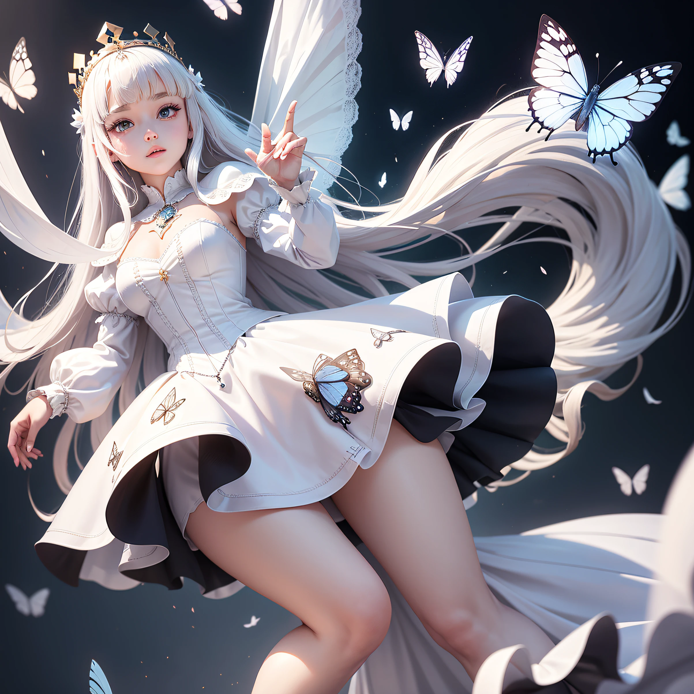 Review,White princess dress,French bangs,Double-handed skirt,The skirt flutters,borgar,Bejeweled Crown,Phantom butterfly,aethereal,Smart,Beautiful,high qulity,high detal --auto