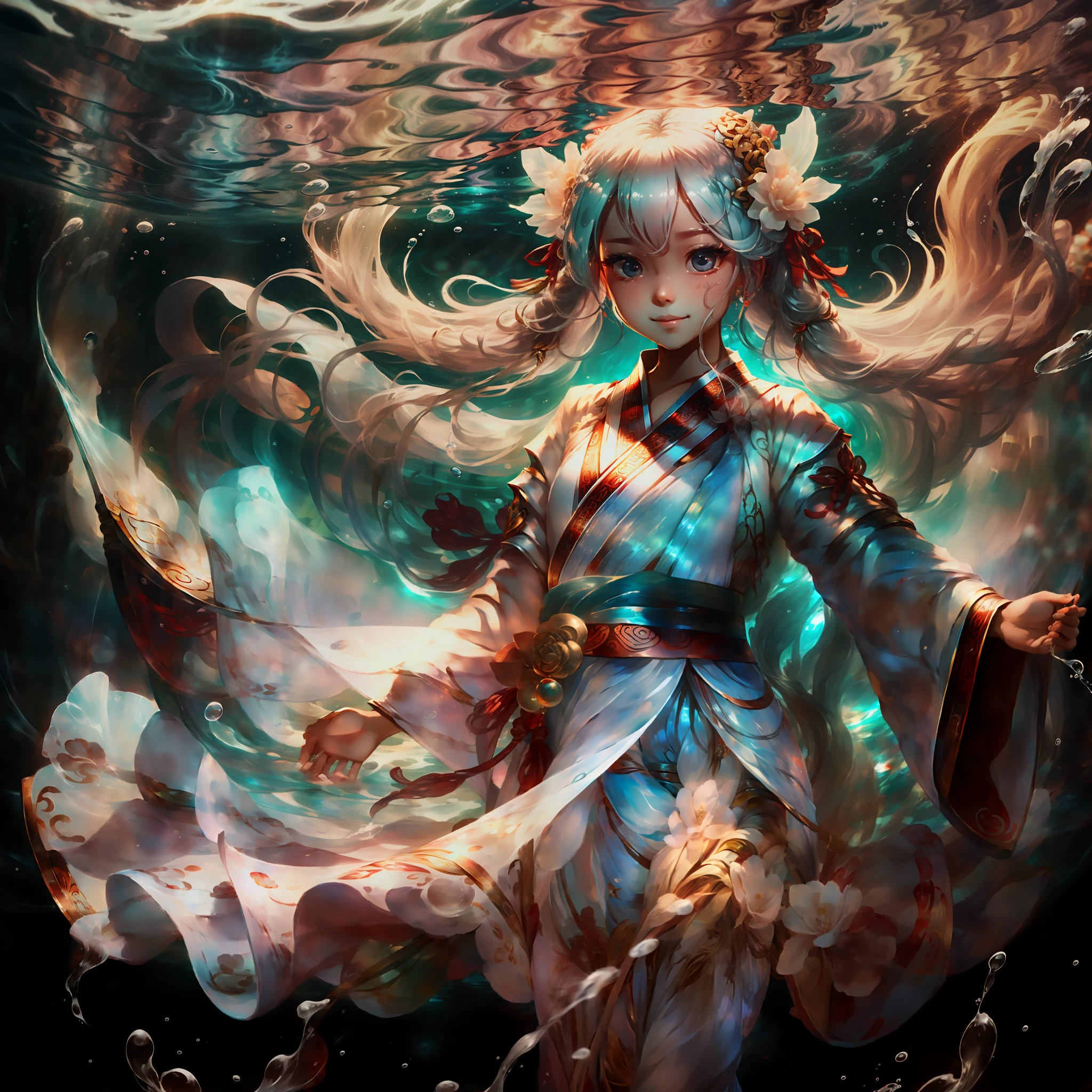 (tmasterpiece:1.1),(Exquisite),(A white-haired :0.9),(The eyes are light blue:1.1),(Under the water:1.2),Hanfu,ssmile --auto