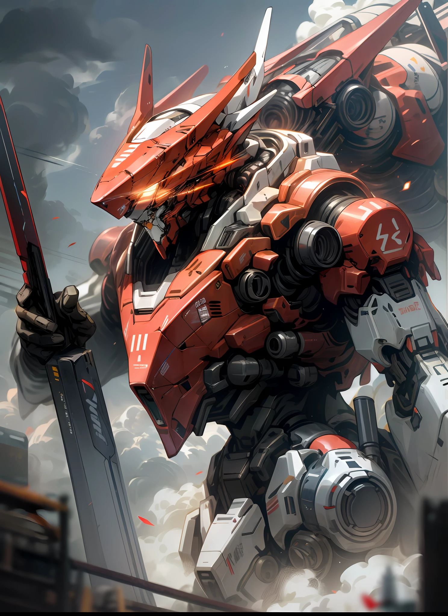 Skysky，​​clouds，holding_weapon，no_humans，with light glowing，，droid，buliding，glowing_eyes，mecha，scientific fiction，skyscrapper，Realistis，mecha