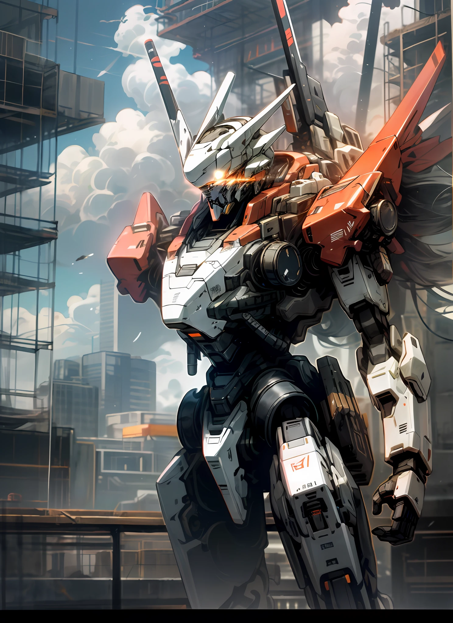 Skysky,clouds,holding_weapon,no_humans,with light glowing,,droid,buliding,glowing_eyes,mecha,scientific fiction,skyscrapper,Realistis,mecha