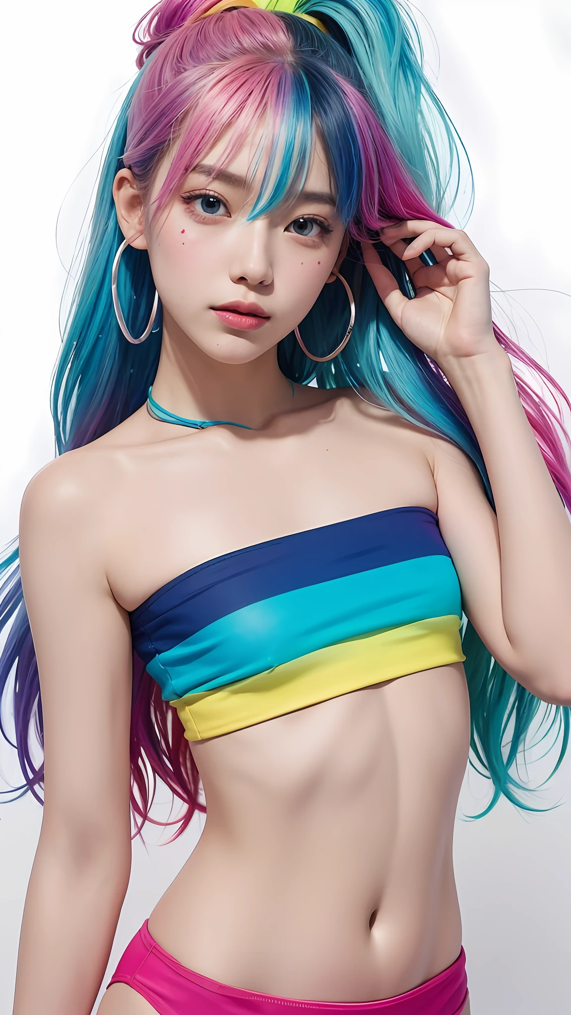 （Pink fashion T-shirt：1.9），（Colorful hair：1.8），（Rainbow all colors：1.8），（（（（Vertical painting：1.6)）），（painting of a：1.6），frontage，comic strip,illustration,painting of a,largeeyes,crystal-clear,（rainbow color gradient high ponytail：1.7）,Delicatemakeup,Keep one's mouth shut,(Small Fresh:1.5),(Bandeau:1.6),long eyelasher,White shoulder T- shirt, White Shoulder Shirt，looking at viewert，watery big eyes，(rainbow colour hair：1.6), color splash, （solo：1.8）, color splash, color explosion, colour splash, color explosion, Thick lacquer style，Messy lines，((shining)) ，(colorful), (colorful), (colorful), colorful, Thick Paint Style, (Splash) (Color Splash), Vertical Painting, Upper Body, Paint Splash, Acrylic Pigment, Gradient, Paint, Highest Image Quality, Highest image quality, Masterpiece, Solo, Depth of Field, Face Paint, colorful clothes, (ellegance: 1.2), opulent, long whitr hair, ventania, (ellegance: 1.3), (petals: 1.4)，(((masterpiece))),(((Best quality at best))),((ultra - detailed)),(illustratio),(dynamic angle),((floatking)),(Paintwork),((Loose hair)),(solo),(1girl) , (( (Detailed anima face))),((Beautiful detailed face)),collars,exposed bare shoulders,whaite hair,((The color hair)),((Striped hair)),Beautiful detailed eyes,No cleavage，(Gradient color eyes),(( （Colored eyes））），（（（coloured background））），（（（high saturated））），（（（Surrounded by colorful splashes））），