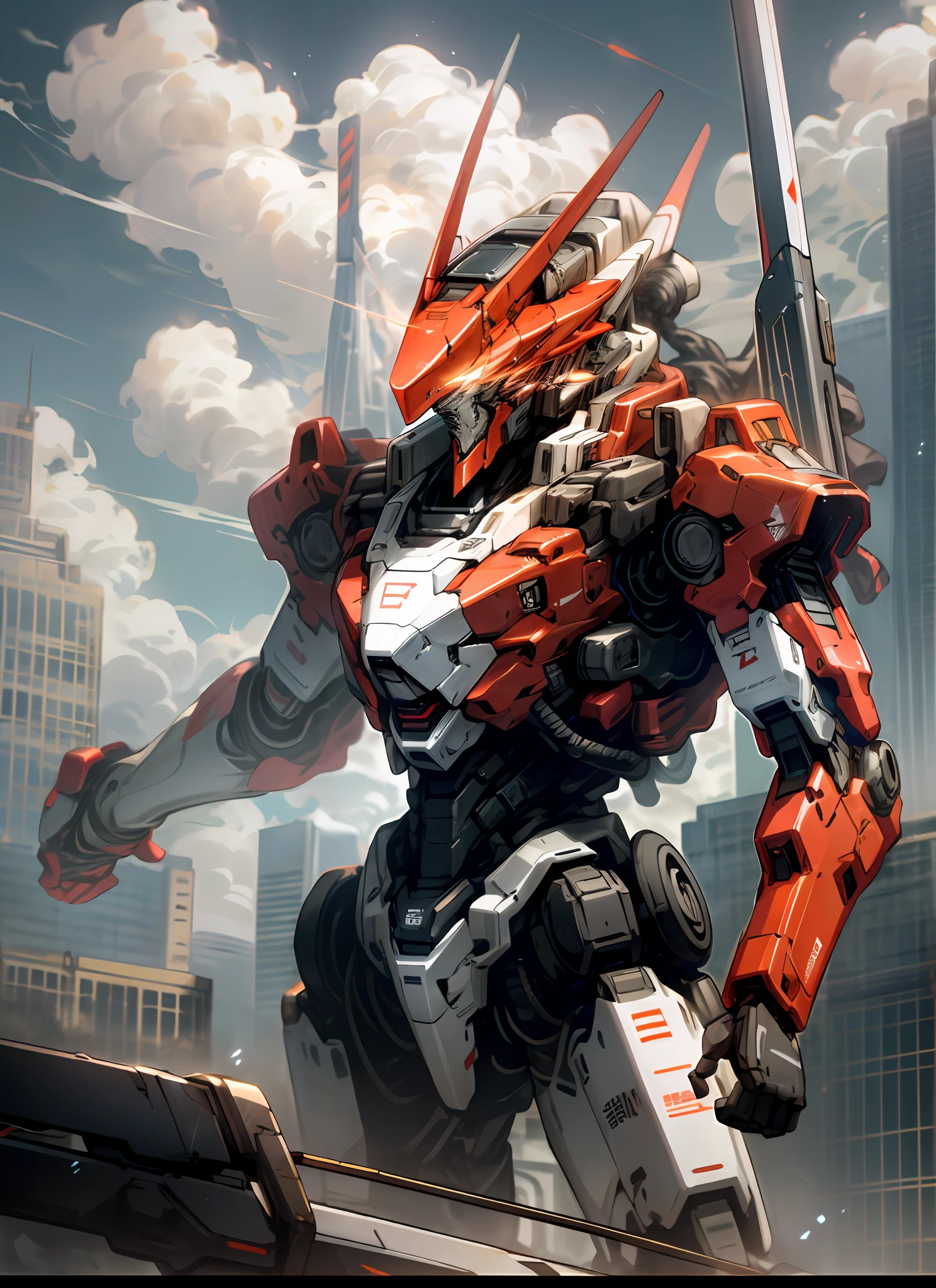 Skysky,clouds,holding_weapon,no_humans,with light glowing,,droid,buliding,glowing_eyes,mecha,scientific fiction,skyscrapper,Realistis,mecha