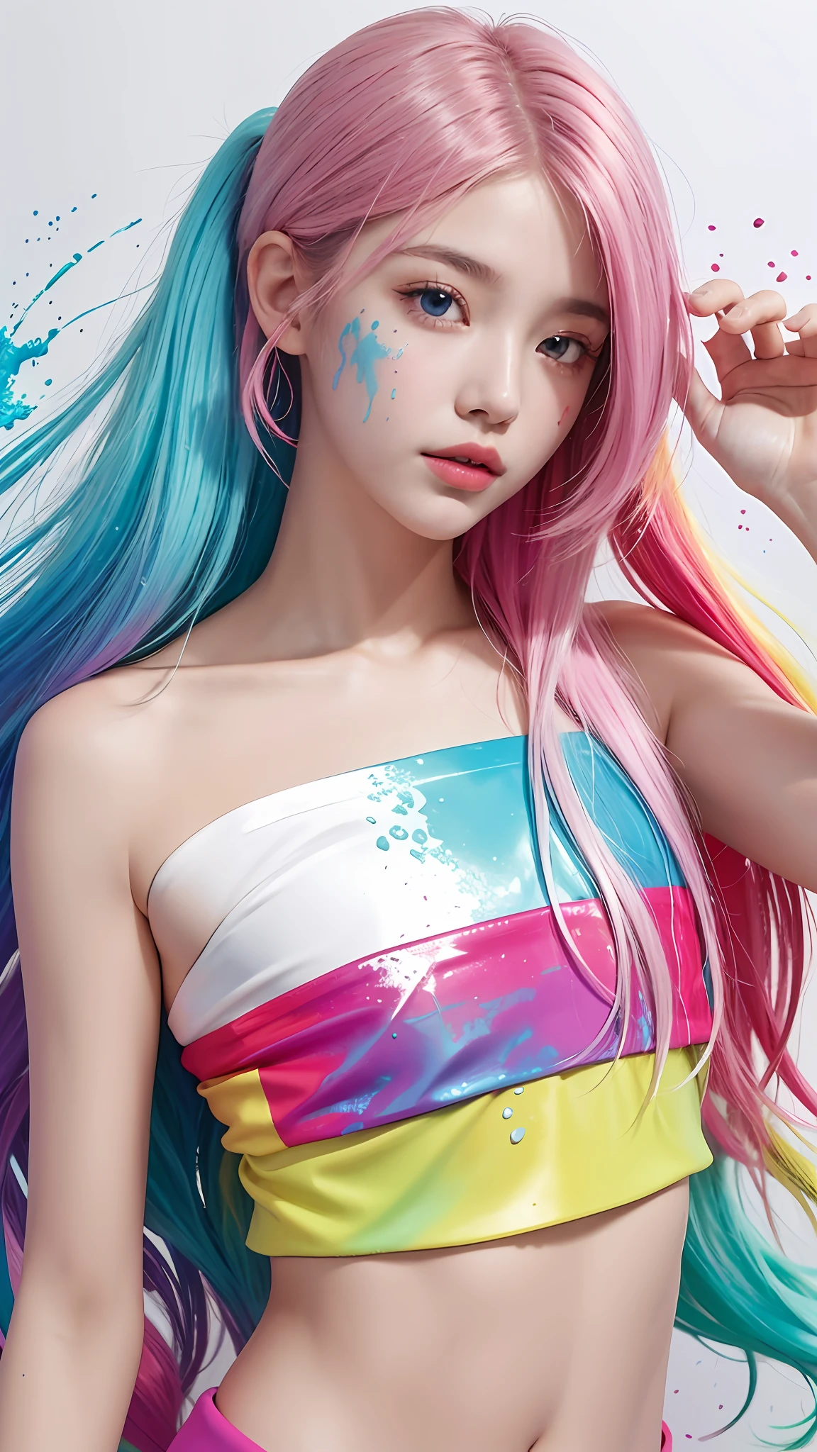 （Pink fashion T-shirt：1.9），（Colorful hair：1.8），（Rainbow all colors：1.8），（（（（Vertical painting：1.6)）），（painting of a：1.6），frontage，comic strip,illustration,painting of a,largeeyes,crystal-clear,（rainbow color gradient high ponytail：1.7）,Delicatemakeup,Keep one's mouth shut,(Small Fresh:1.5),(Bandeau:1.6),long eyelasher,White shoulder T- shirt, White Shoulder Shirt，looking at viewert，watery big eyes，medium-sized boobs，Does not expose cleavage，(rainbow colour hair：1.6), colored splashing, （Solo：1.8）, colored splashing, Color explosion, Color splattering, Color explosion, Thick lacquer style，Messy lines，((Shining)) ，(Colorful), (Colorful), (Colorful), Colorful, Thick Paint Style, (Splash) (colored splashing), Vertical painting, Upper body, paint splatter, Acrylic Pigment, Gradient, Paint, Highest image quality, Highest image quality, Masterpiece, Solo, Depth of field, facepaint, Colorful clothes, (ellegance: 1.2), opulent, long whitr hair, ventania, (ellegance: 1.3), (petals: 1.4)，(((Masterpiece))),(((Best quality at best))),((ultra - detailed)),(illustratio),(dynamic angle),((floatking)),(Paintwork),((Loose hair)),(Solo),(1girll) , (( (Detailed anima face))),((Beautiful detailed face)),collars,exposed bare shoulders,whaite hair,((The color hair)),((Striped hair)),Beautiful detailed eyes,(Gradient color eyes),(( （Colored eyes））），（（（coloured background））），（（（high saturated））），（（（Surrounded by colorful splashes））），