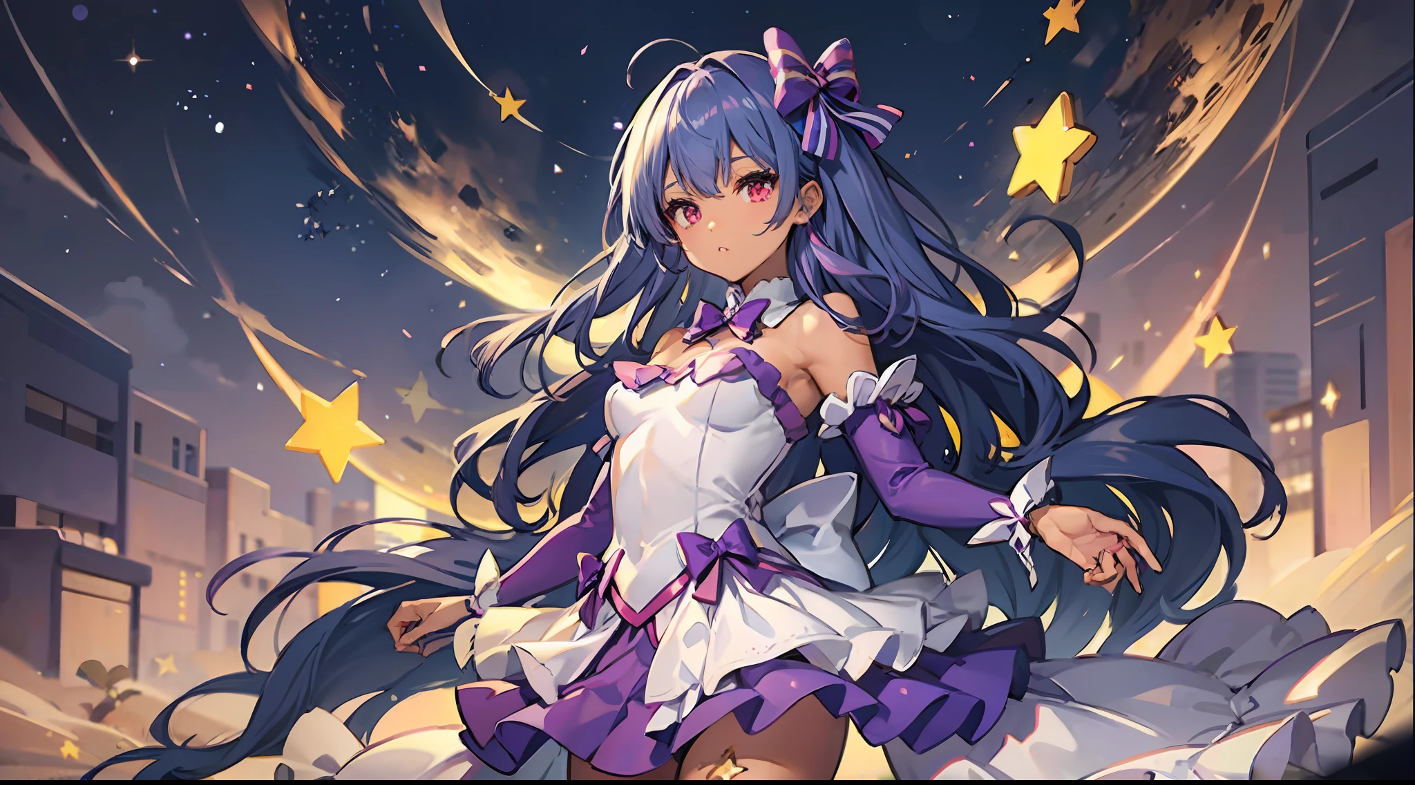 masterpiece,magical girl, dark skin, clean skin, (purple hair), red eyes, adult, bow with stars, bow with stars on the back of the dress, short skirt, high quality, solo, no extra arms, stars in middle of bow, yellow stars, pink skirt, better hands, perfect anatomy, facing camera, shoulder length hair, darker skin, brown skin,