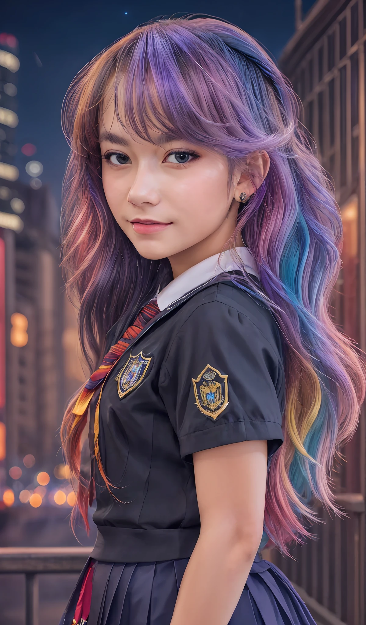(extremely detailed CG portrait,masterpiece, best quality),(vibrant hair-colorful hair:1.2),(pretty school uniform),(black eyes),(night view),(city lights),(dark background)