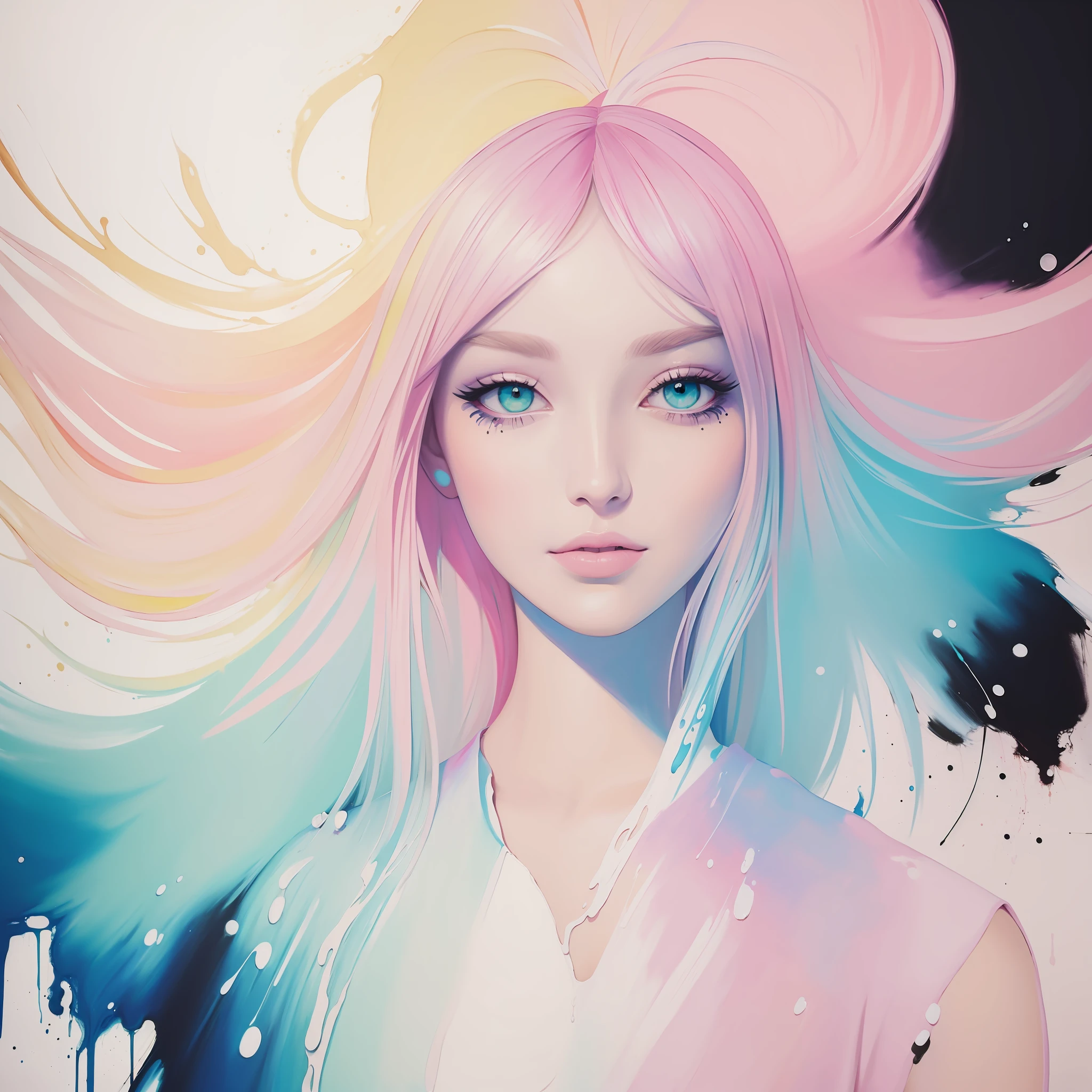 (best quality), (((a painting of a woman))), ((luminous design)) , ((pastel colors)),((ink drips)),(autumn lights :0.8)