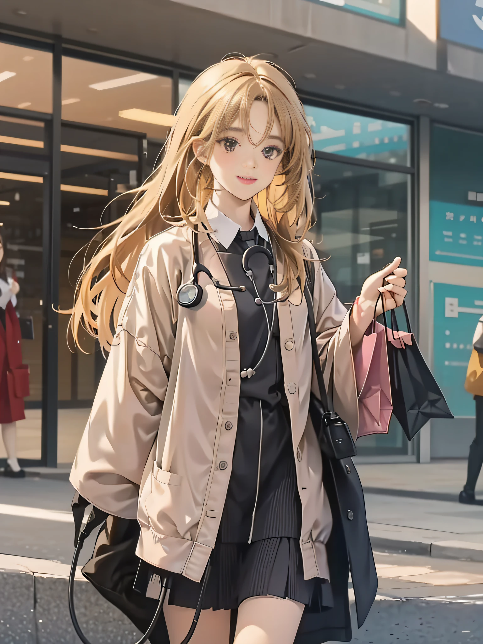 shopping mall, Long blonde fringed hair, with brown eye, 1girll, the doctor, The stethoscope is on the neck, ssmile, Innocent, 100mm lens, realisticlying, Lens glare:1.4, Look to the right, 校服, complexdetails:1.2, tmasterpiece:1.3, best qualtiy:1.4, 超高分辨率:1.2, detailedeyes, detailedfacialfeatures, hdr, 8K分辨率, stethoscope, farsightedness, Reflections on the floor, Low cut open cloth。