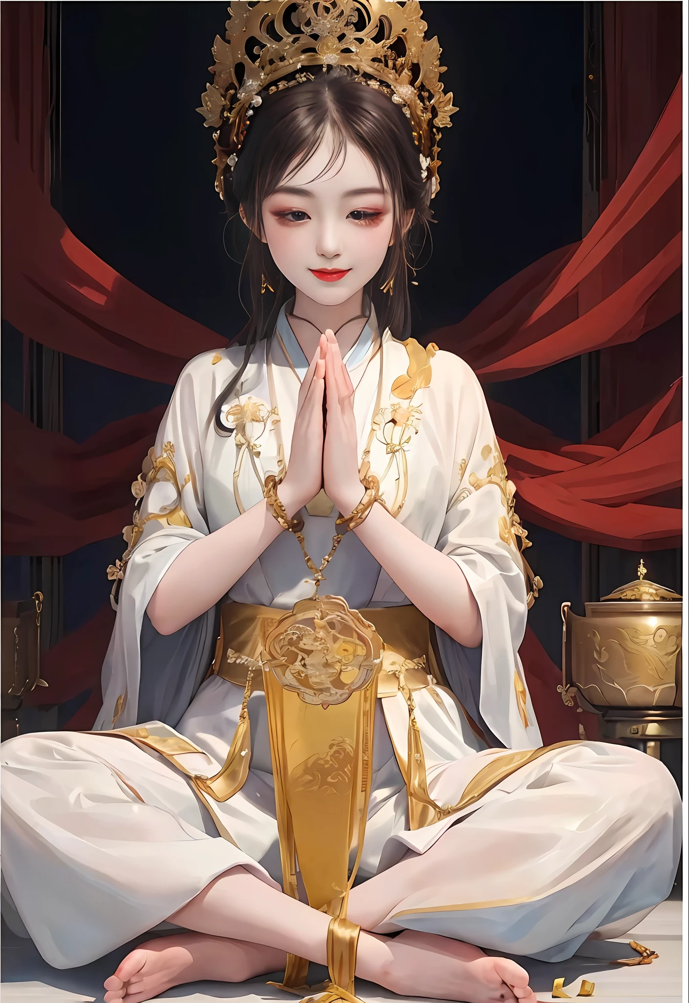 Amazing portrait of oriental beauty in yellow Hanfu, (cross-legged meditation: 1.3), (beautiful eyes), long eyelashes, solemn expression, ((prayer pose)), perfect facial features, delicate face, HD details, depth shooting, (sitting cross-legged), smiling, backlight, soft light, sacred, cinematic edge lighting, delicate gloss, ((trousers)), ((pure white background))