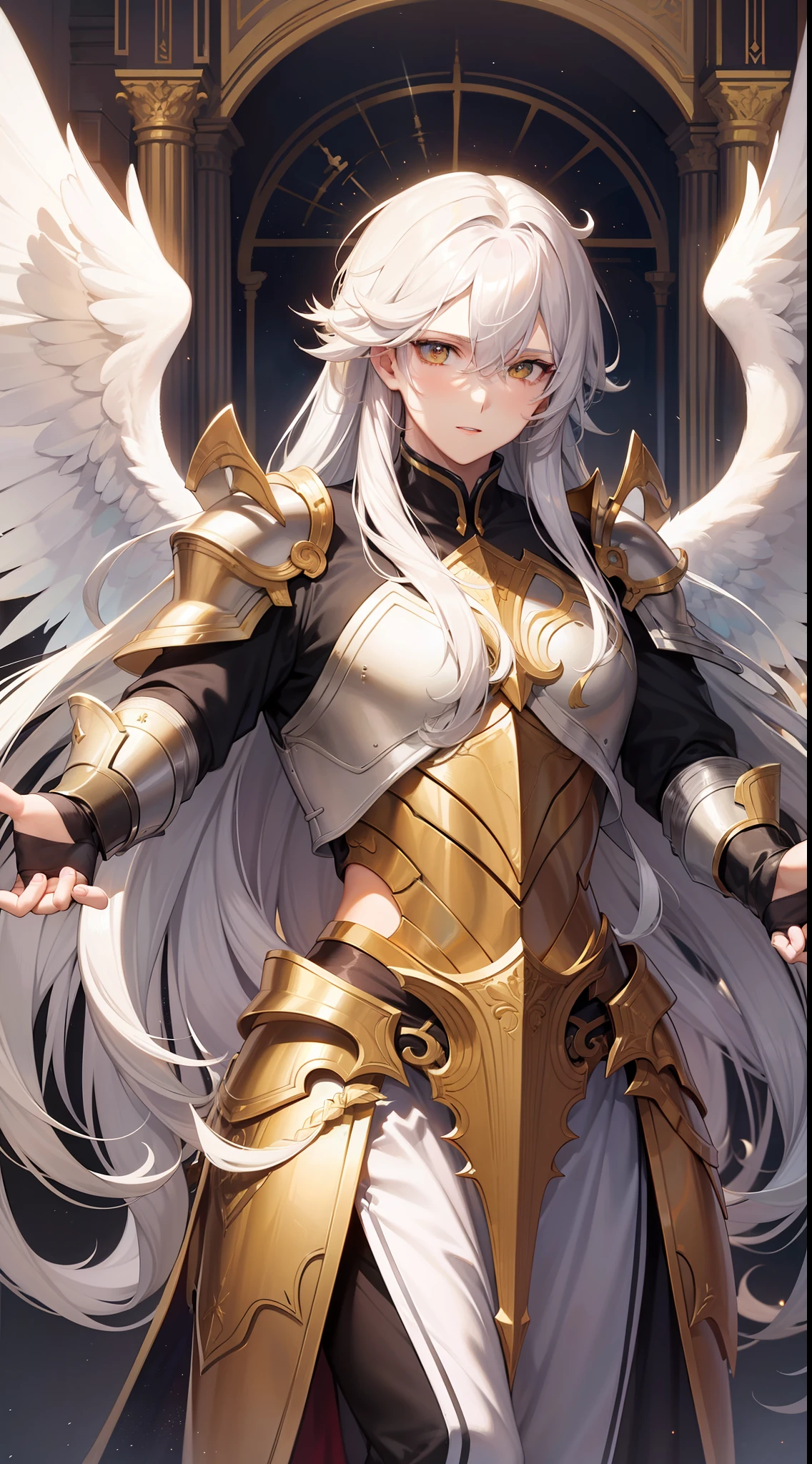 Grown-up guy, Long white hair, golden eyes, Angel Armor, open arms, Masterpiece, hiquality