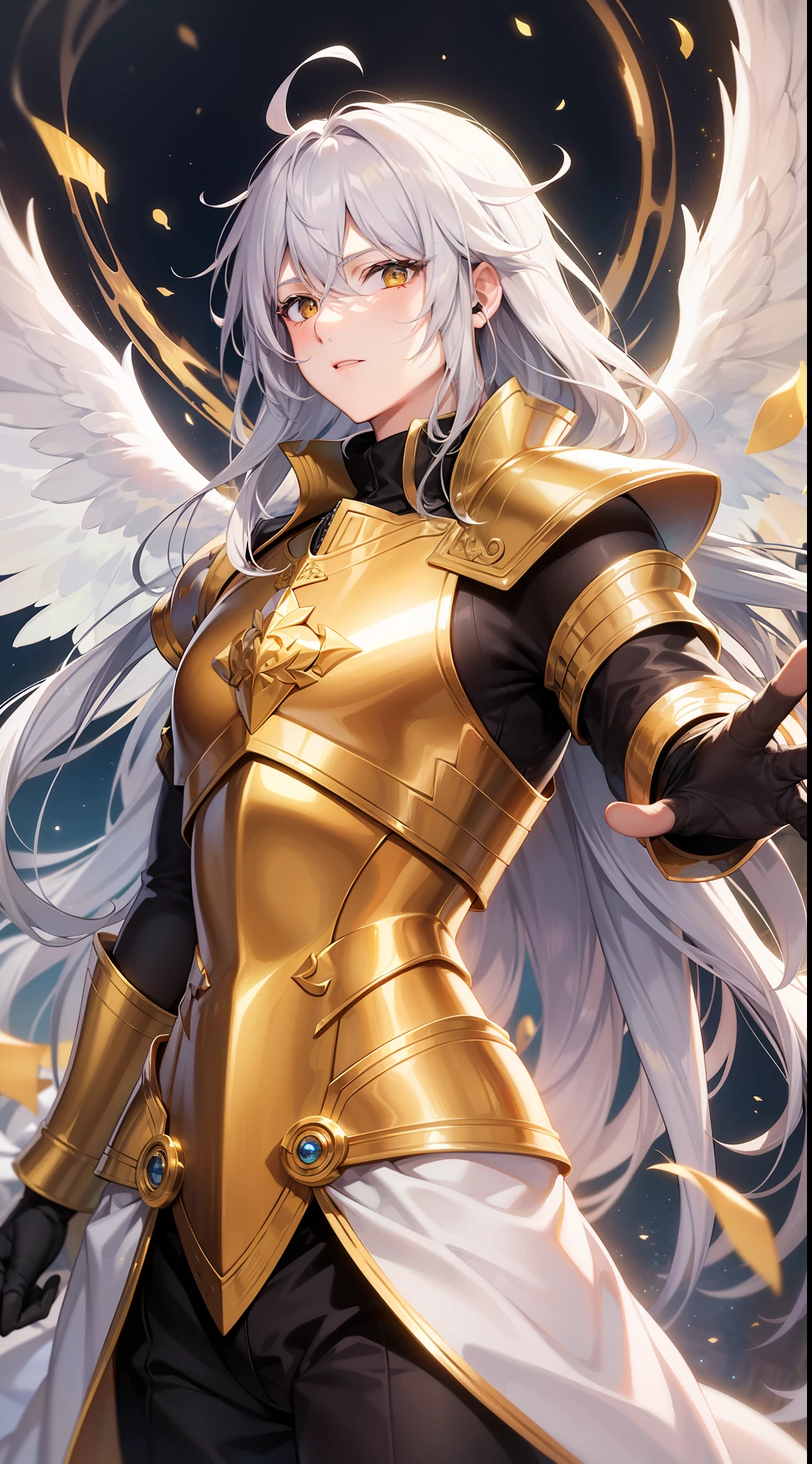 Grown-up guy, Long white hair, golden eyes, Angel Armor, open arms, Masterpiece, hiquality