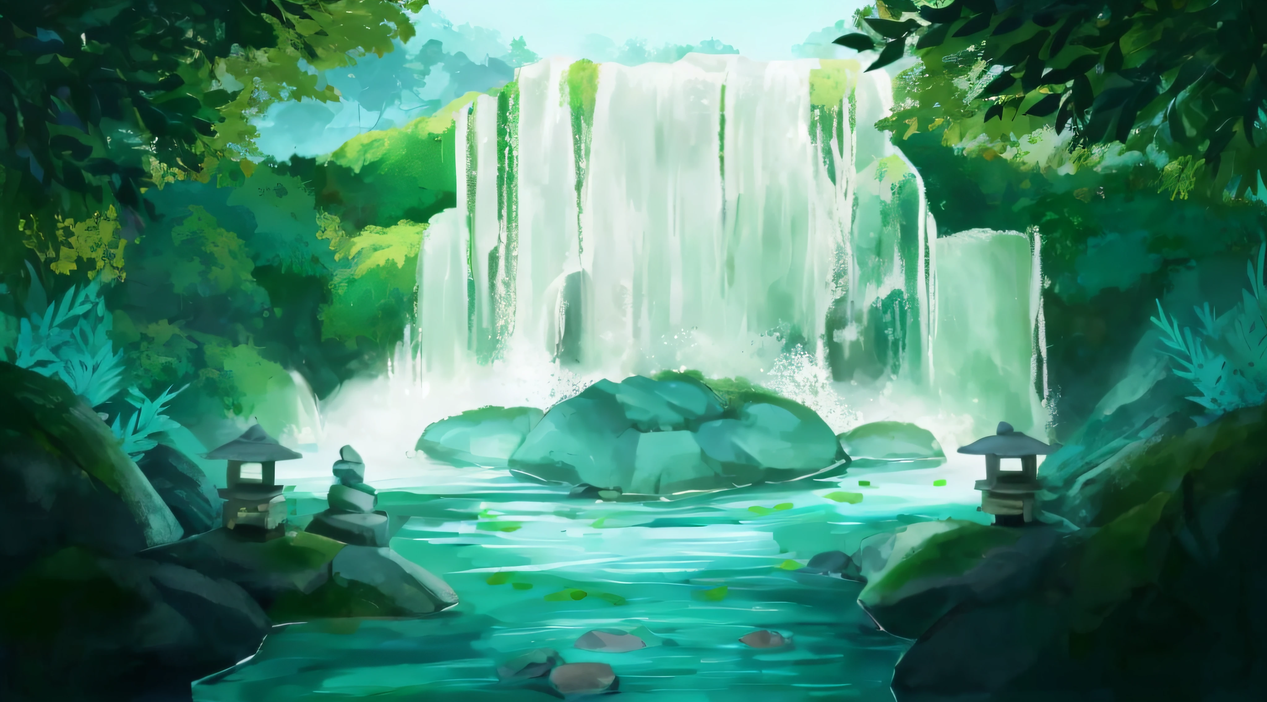 there is a waterfall in the middle of a forest with rocks and trees, arte de fundo, Fundo da cachoeira, cachoeiras ao fundo, arte de fundo, cachoeira ao fundo, waterfall, uma cachoeira sem fim, arte de fundo do anime, cachoeiras flutuantes, Cachoeira tranquila e bonita, Floresta e Cachoeira, arte conceitual relaxante, (waterfall), serene illustration, Waterscape, pintura digital detalhada, 8k , melhor qualidade, carpas nadando na agua.