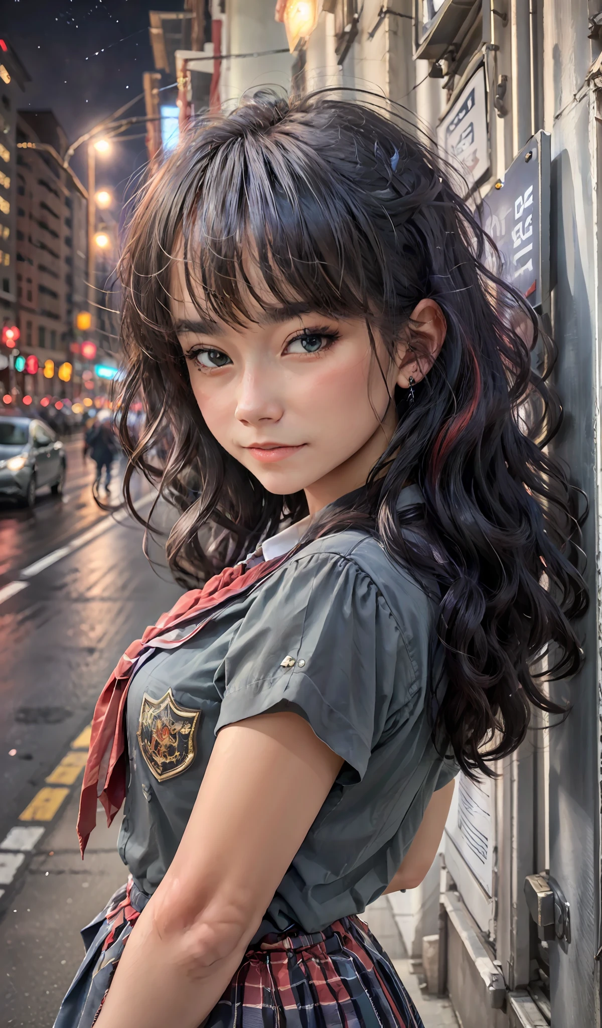 (extremely detailed CG portrait,masterpiece, best quality),(vibrant hair-colorful hair:1.2),(pretty school uniform),(black eyes),(night view),(city lights),(dark background), full body