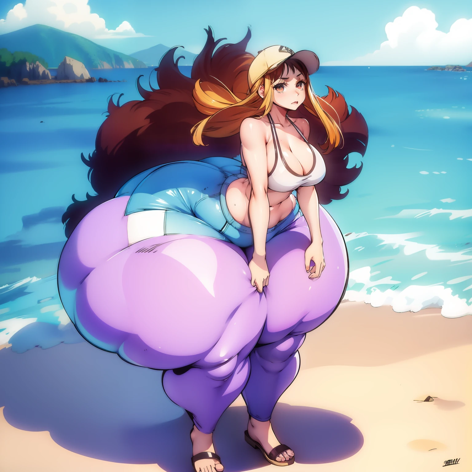 (full body), bottomheavy, huge ass, gigantic ass, thick thighs, massive thighs, hyper thighs, (extremely wide hips:1.4), solo, beach scenery