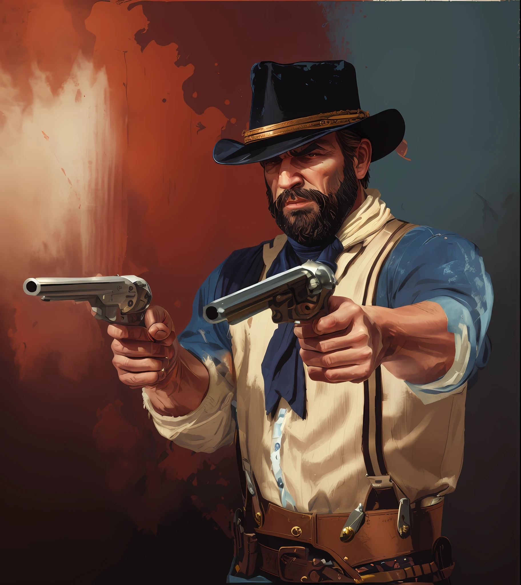 R3DD34Dstyle, digital portrait, big beard, cowboy, Meticulous Facial Features, holding two silver revolvers, blue shirt with white stripes, black scarf, black and white suspenders, Black cowboy hat, patronage, red background