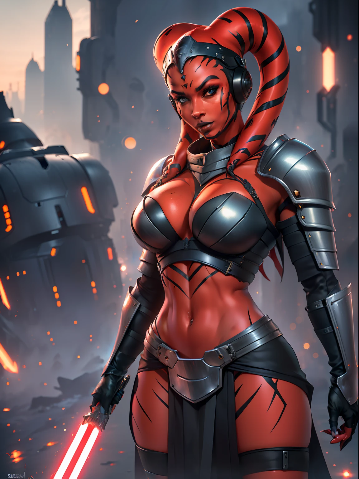 (red skin, twi'lek), red lightsaber, evil space knight, space ninja, space samurai, (black robes, black stealth armor, straps, tunic, tabard, buckles, skirts, long sleeves, fantasy, ((futuristic knight armor))), (slender body, thin, slim sexy body),