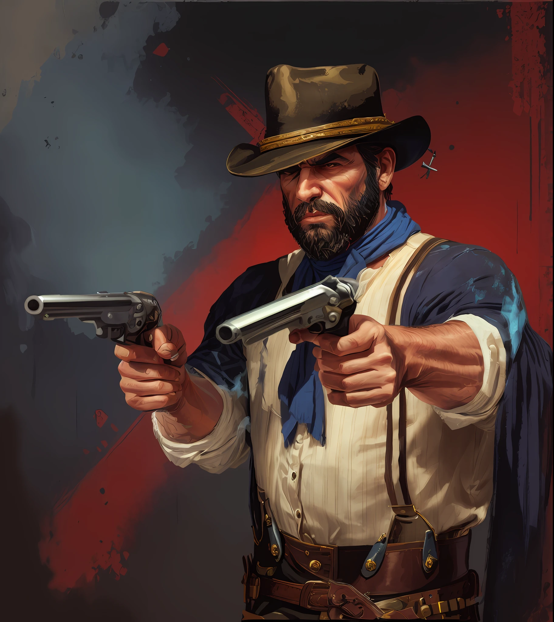 R3DD34Dstyle, digital portrait, big beard, cowboy, Meticulous Facial Features, holding two silver revolvers, blue shirt with white stripes, black scarf, black and white suspenders, Black cowboy hat, patronage, red background