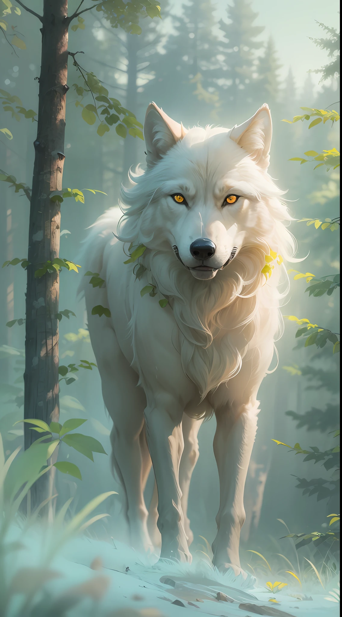 A wolf king,(Solid white:1.3),Yellow glowing eyes,Delicate fur,Finely depicted face,Realistic forest,Morning sun ,low-contrast,(Medium and near focal length:1.3),best qualityer,Extremely fine,Unlimited details,photograph of-realistic,HighestQuali,tmasterpiece,Premium wallpapers,8k,octaneratingrendering,(Do not appear in human form:1.4)