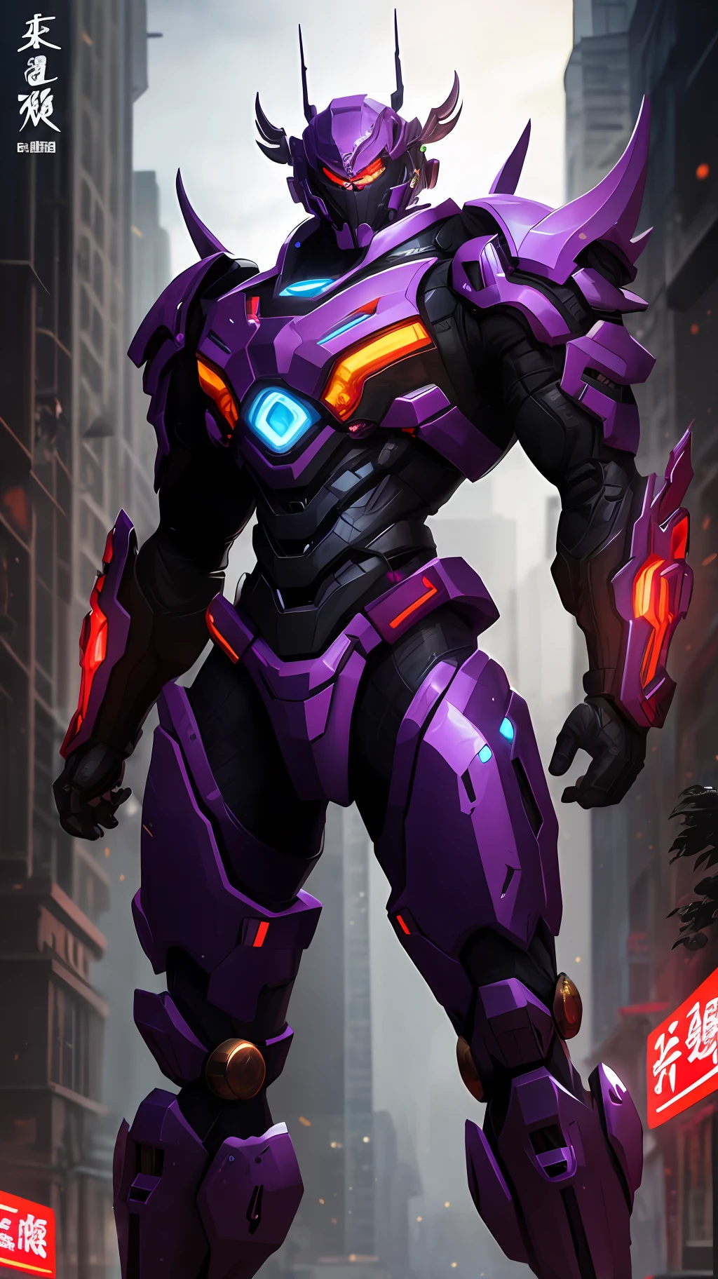 A dark purple mech with a Chinese style,Red-glowing eyes,heavy metal,ellegance,Qi Yu Xuanang,sci-fy,The city of the future,full bodyesbian,muscline,Murderous throughout the body,Natural textures,beautiful with detail,Extremely high resolution,best qualtiy --auto